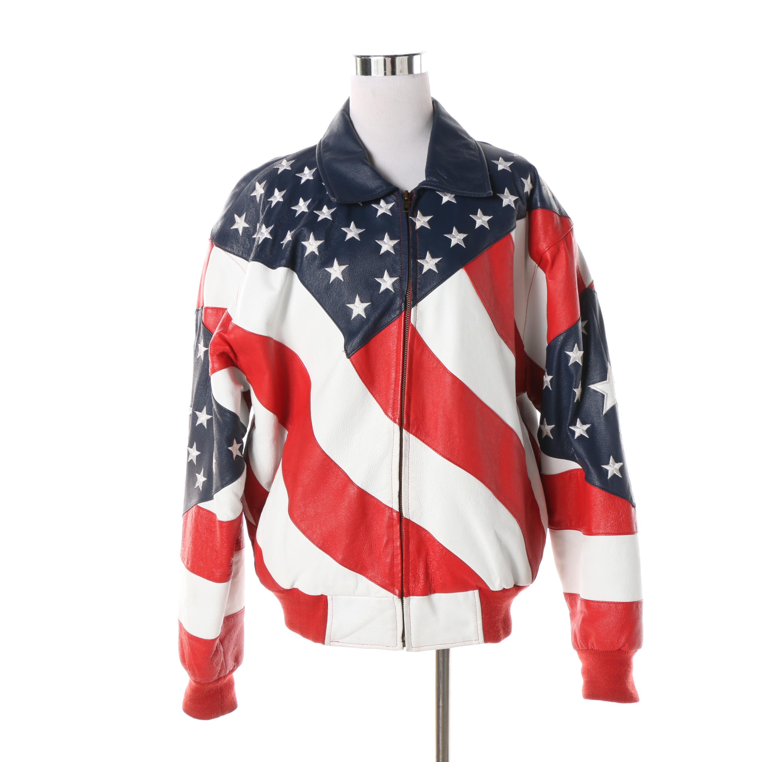 Men's 1990s Vintage Michael Hoban Wheremi American Flag Leather Bomber Jacket