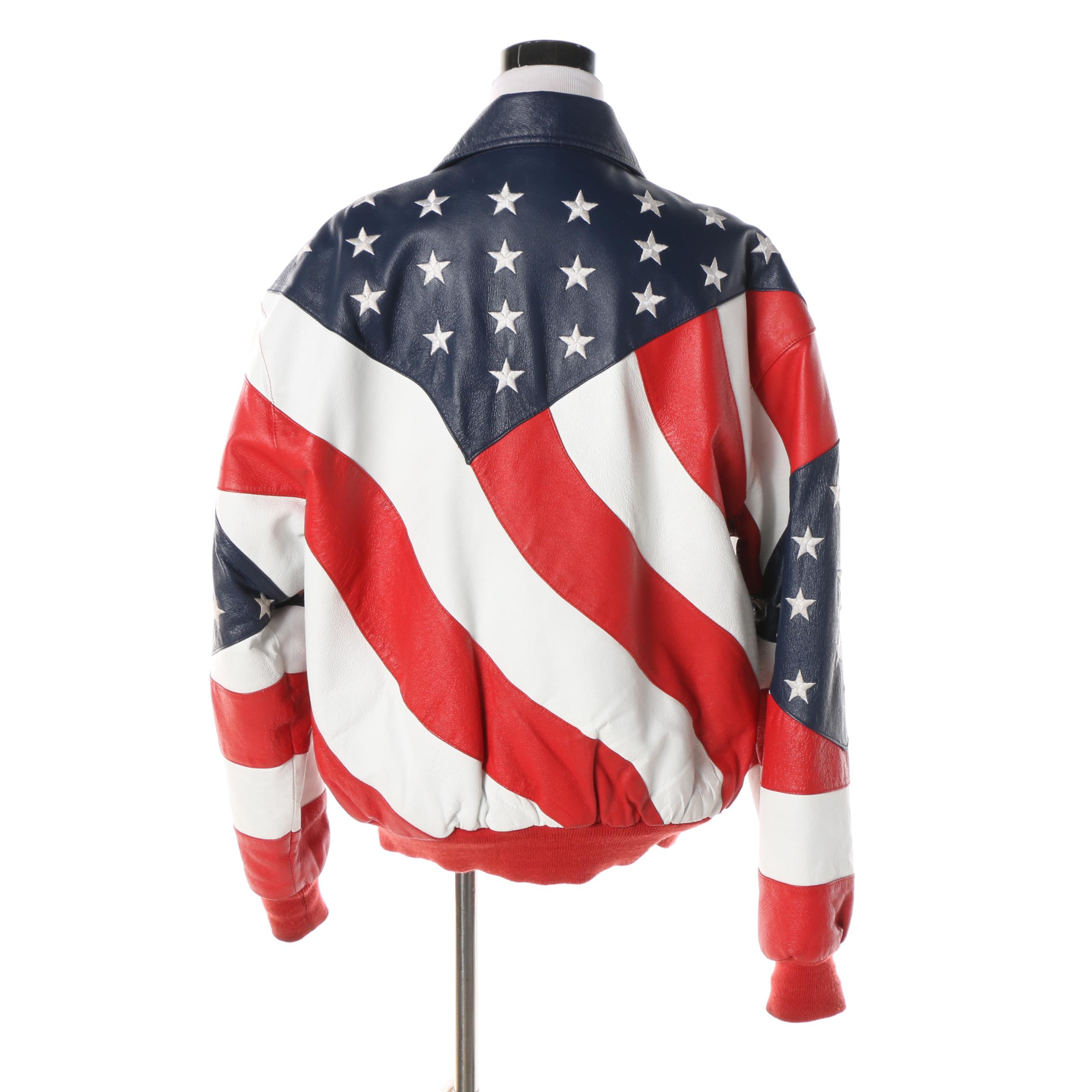 Men's 1990s Vintage Michael Hoban Wheremi American Flag Leather Bomber Jacket
