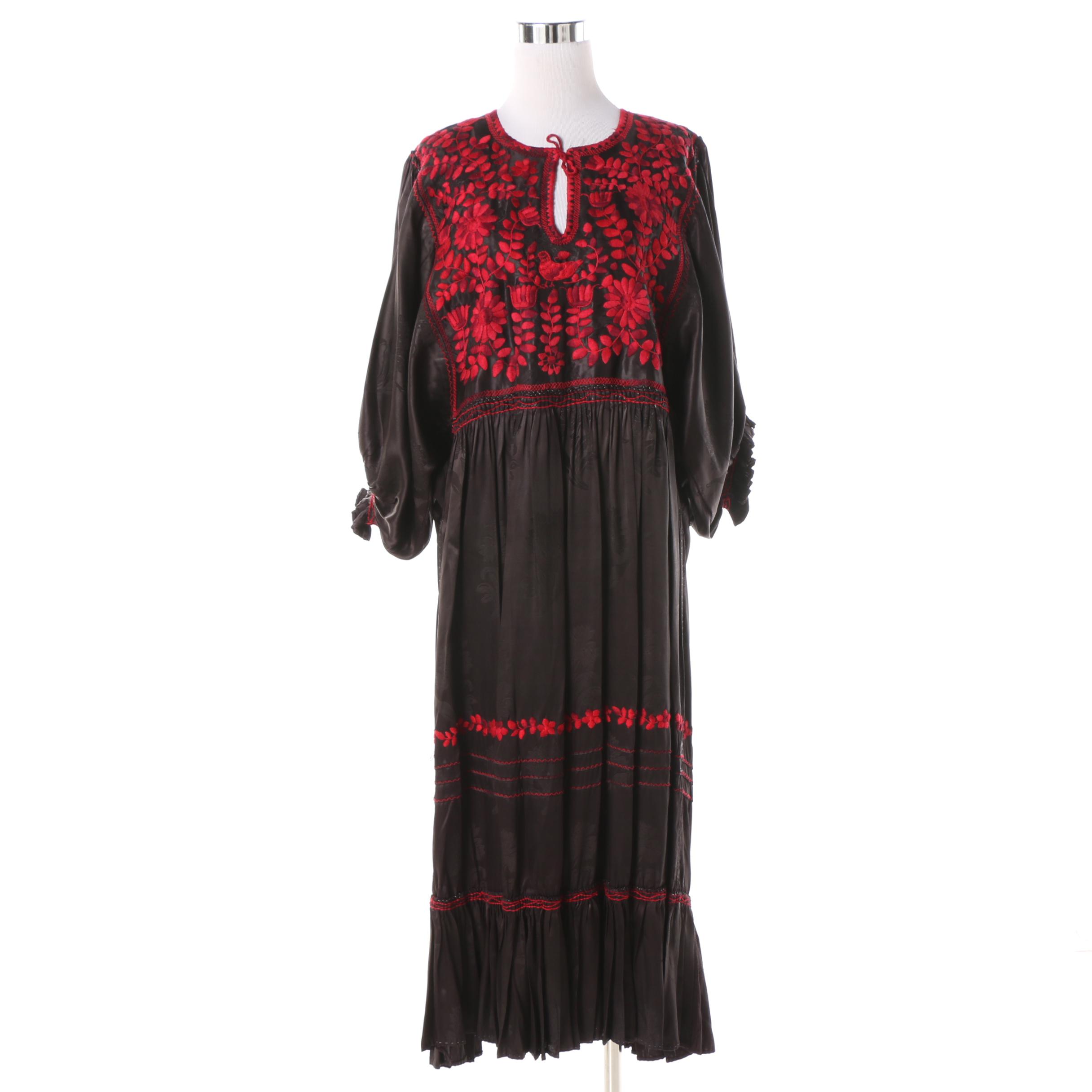 Women's Vintage Ukranian Handmade Black and Red Embroidered Dress