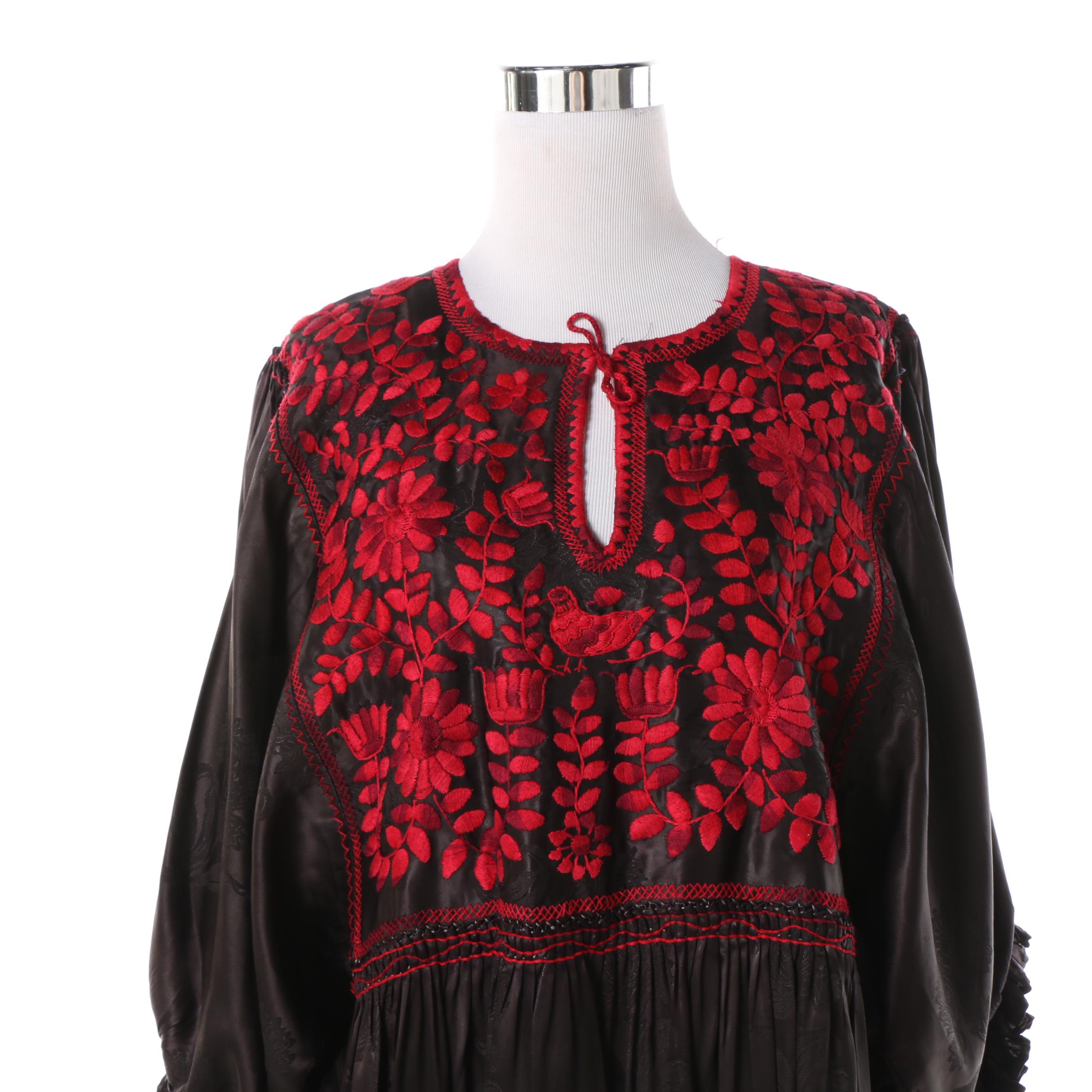 Women's Vintage Ukranian Handmade Black and Red Embroidered Dress