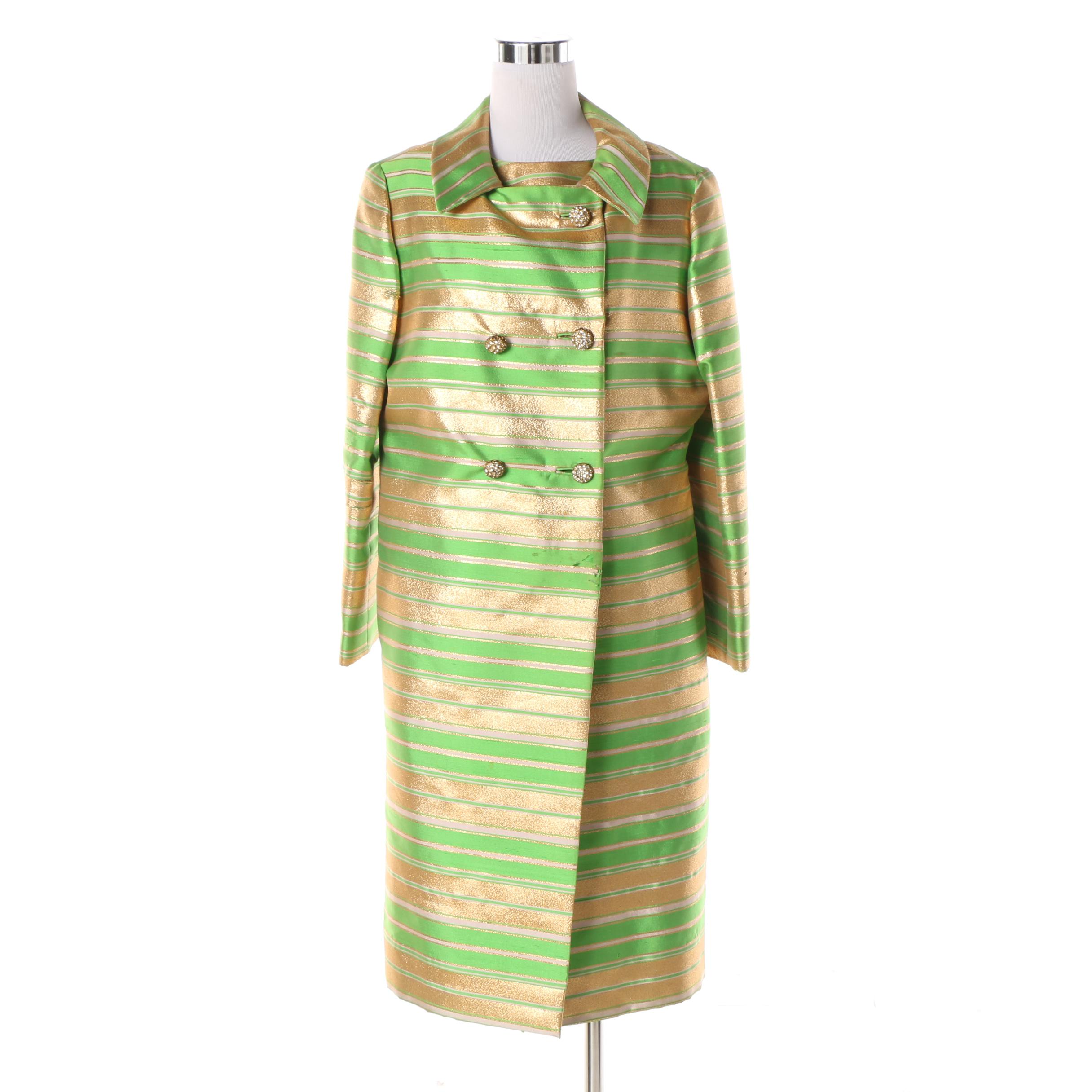 1960s Apple Green and Gold Lamé Cocktail Dress and Coat