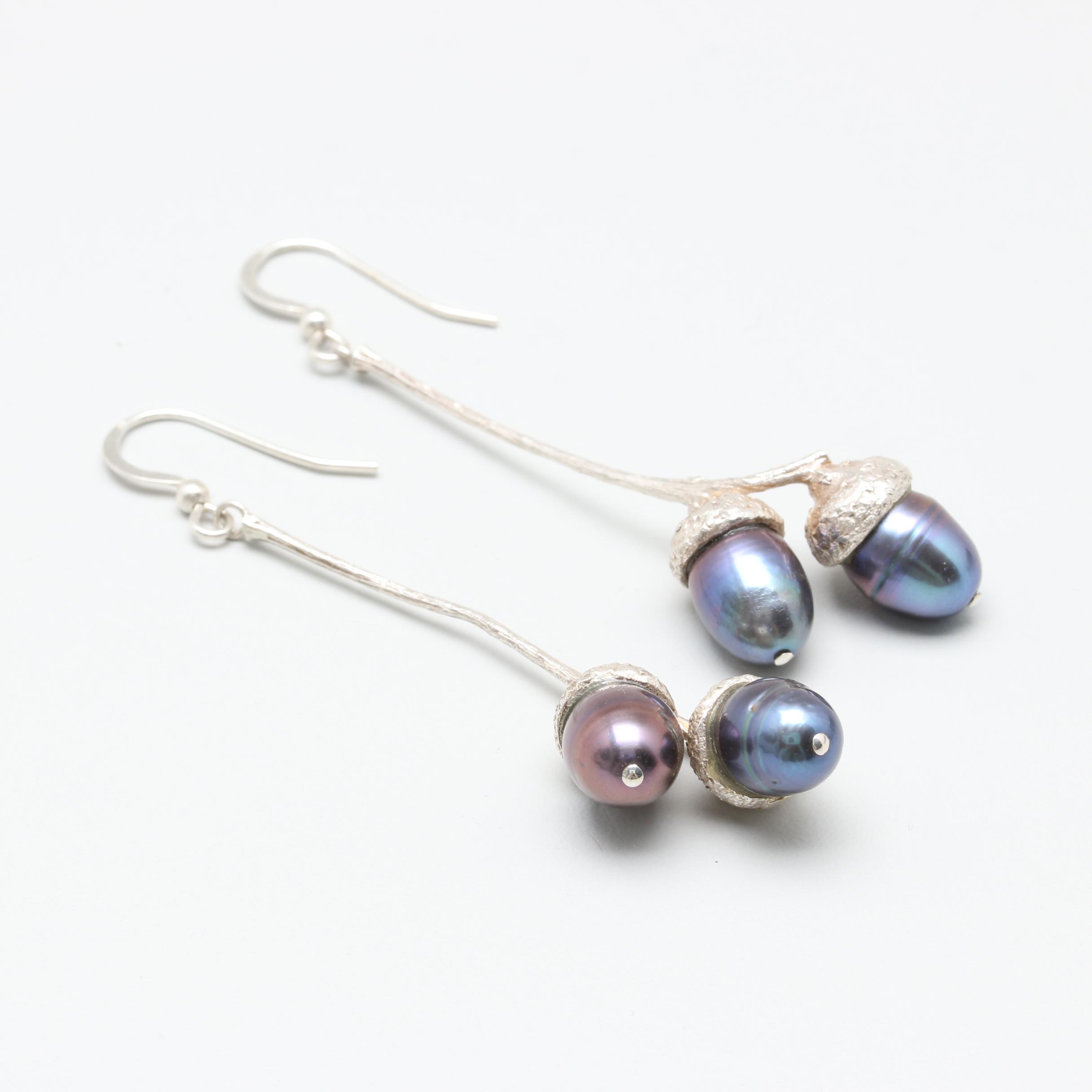 900 Silver and Freshwater Pearl Acorn Drop Earrings