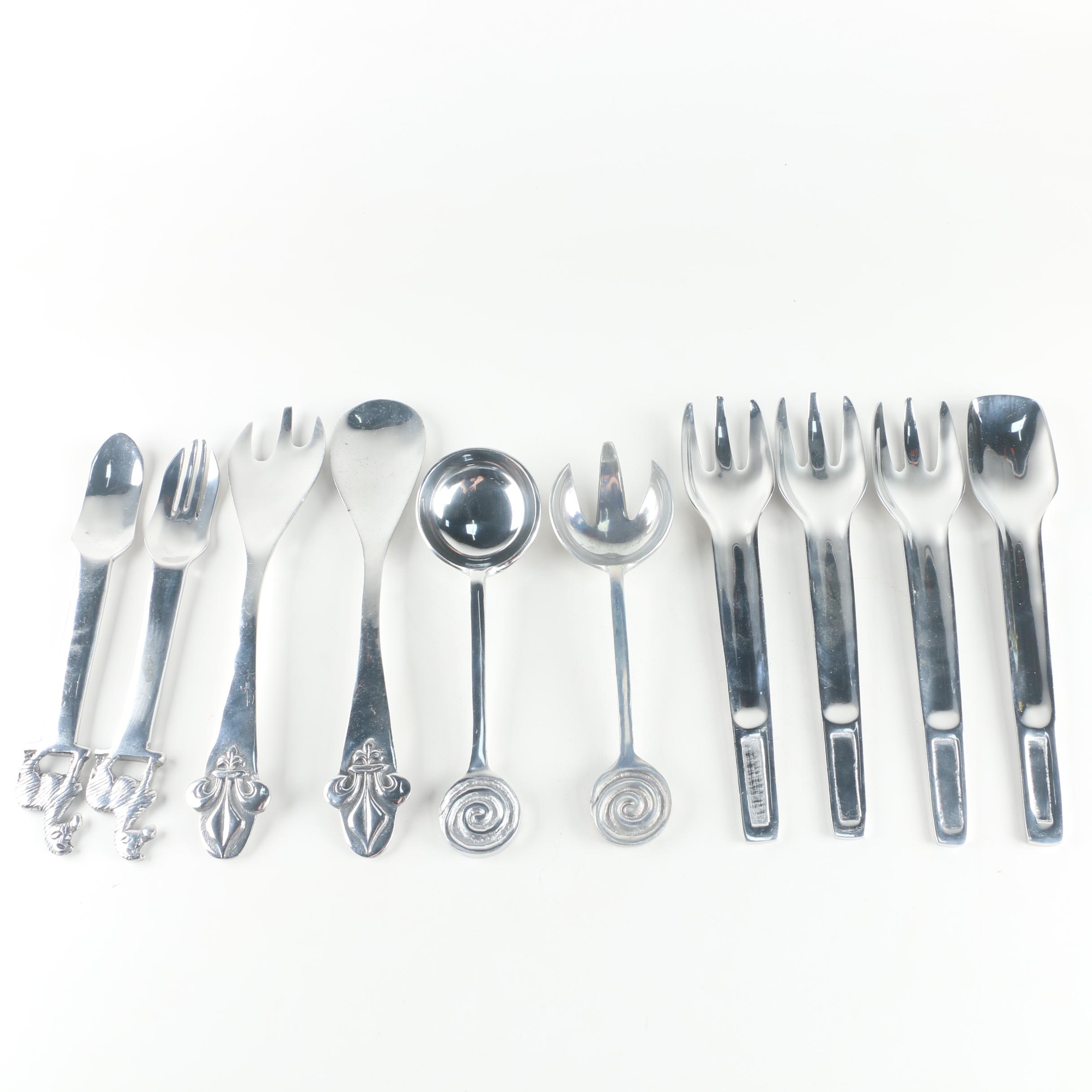 Mexican Silver Tone Metal Salad Serving Sets