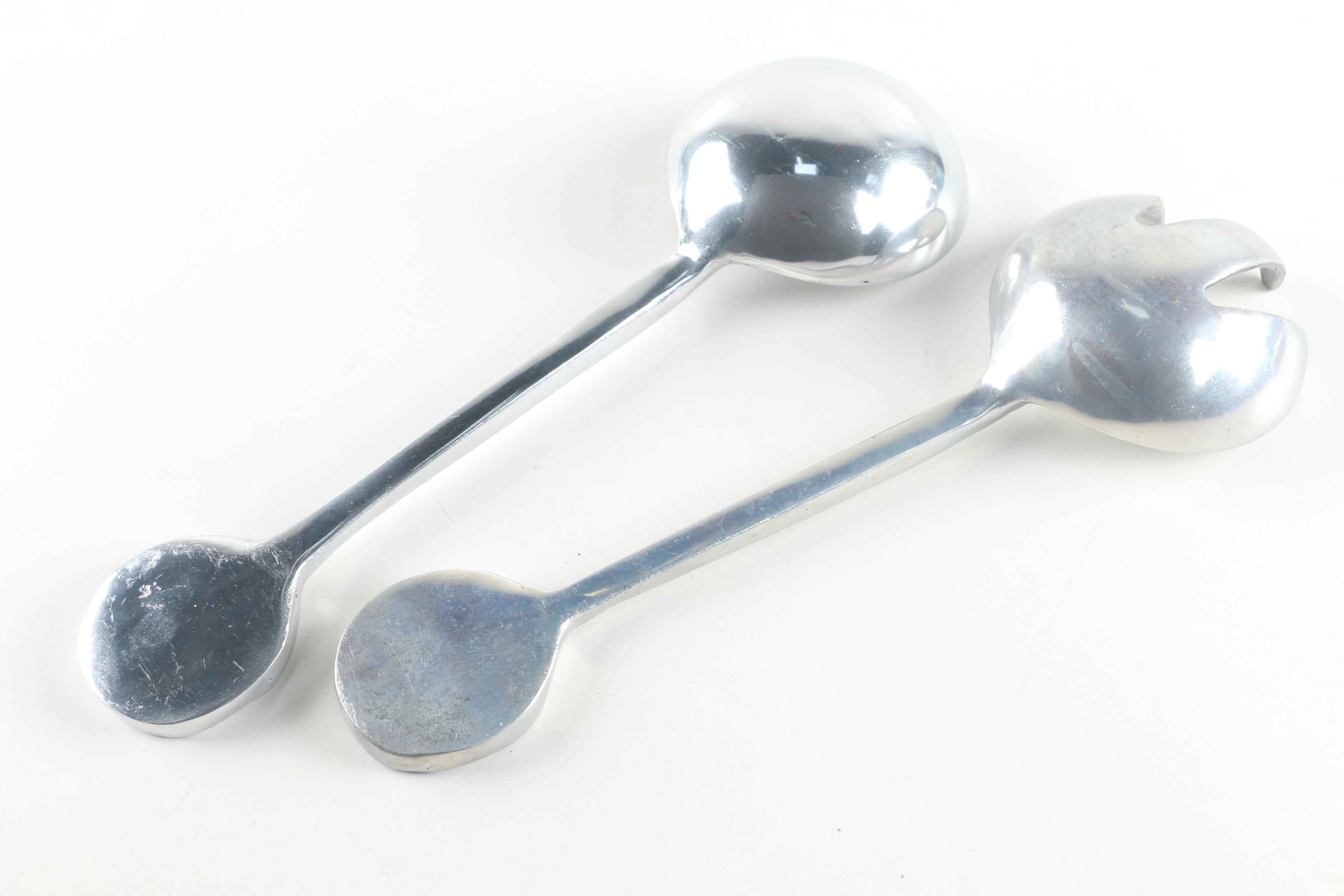 Mexican Silver Tone Metal Salad Serving Sets