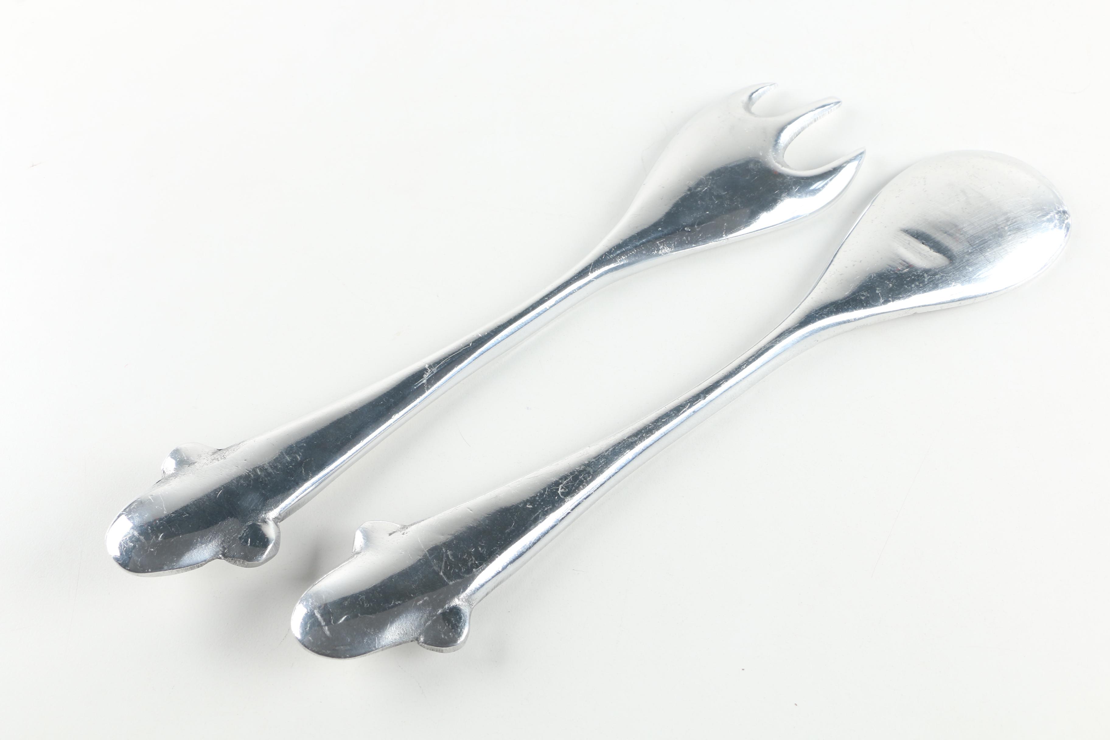 Mexican Silver Tone Metal Salad Serving Sets