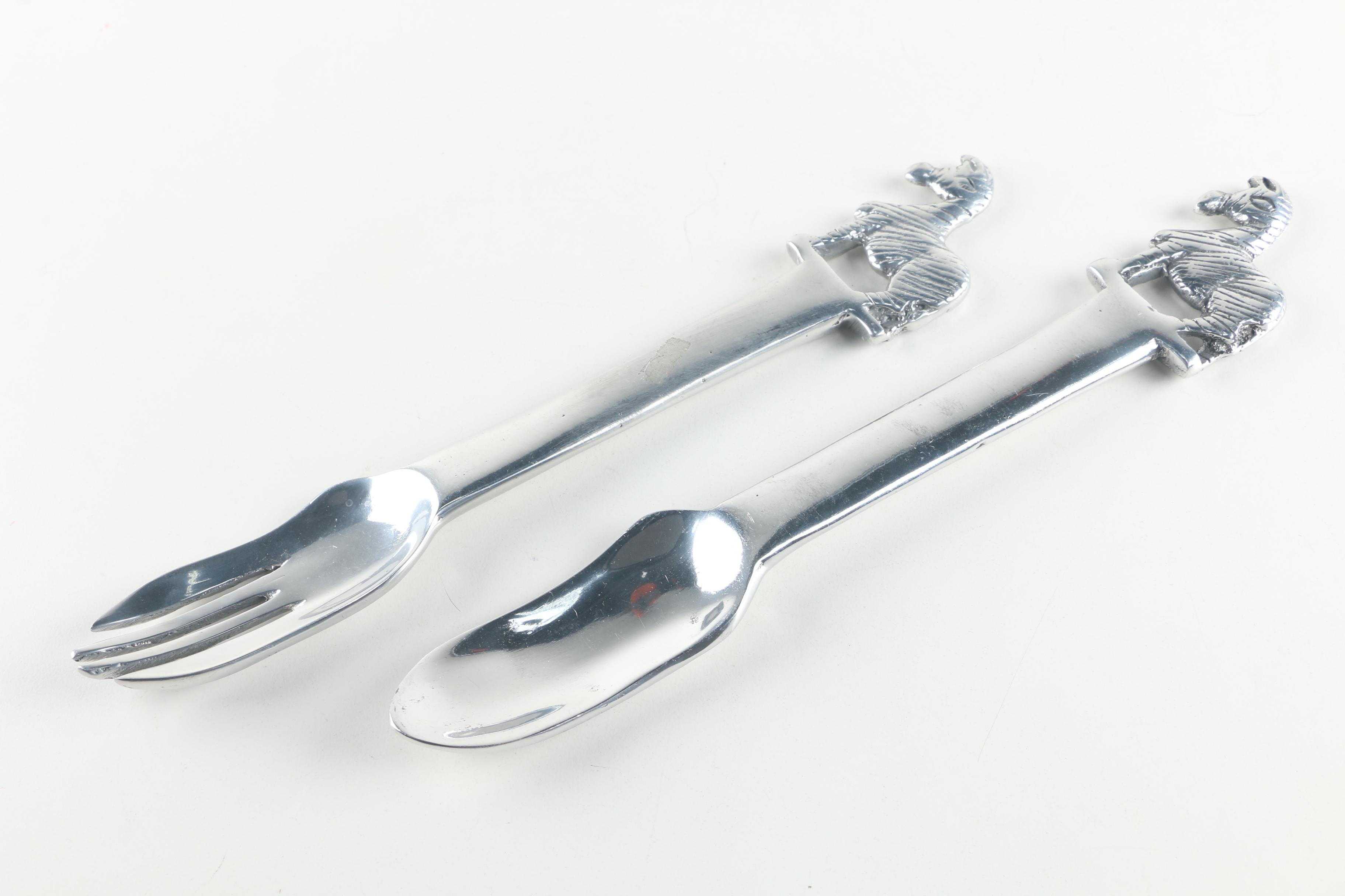 Mexican Silver Tone Metal Salad Serving Sets