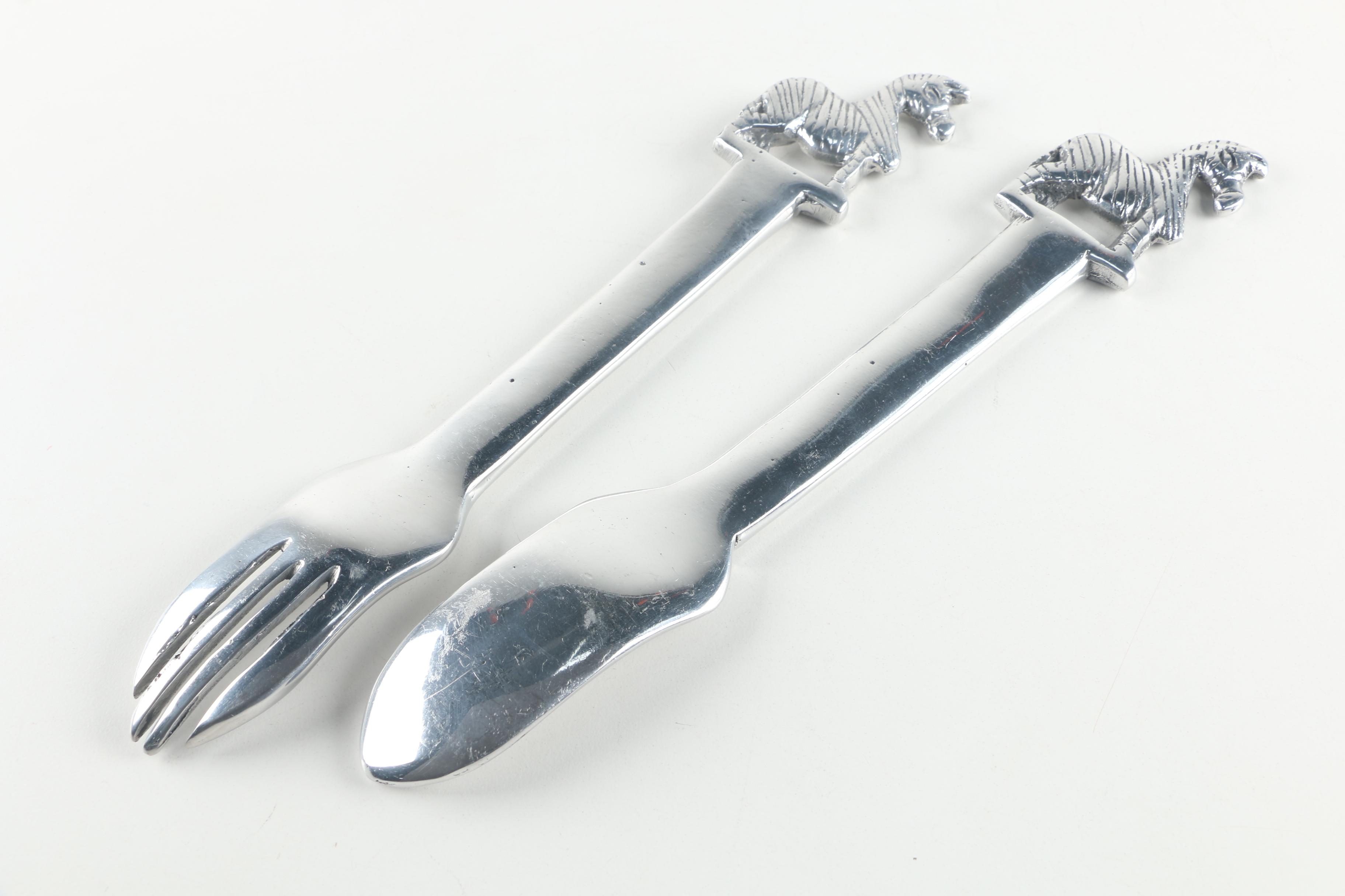 Mexican Silver Tone Metal Salad Serving Sets