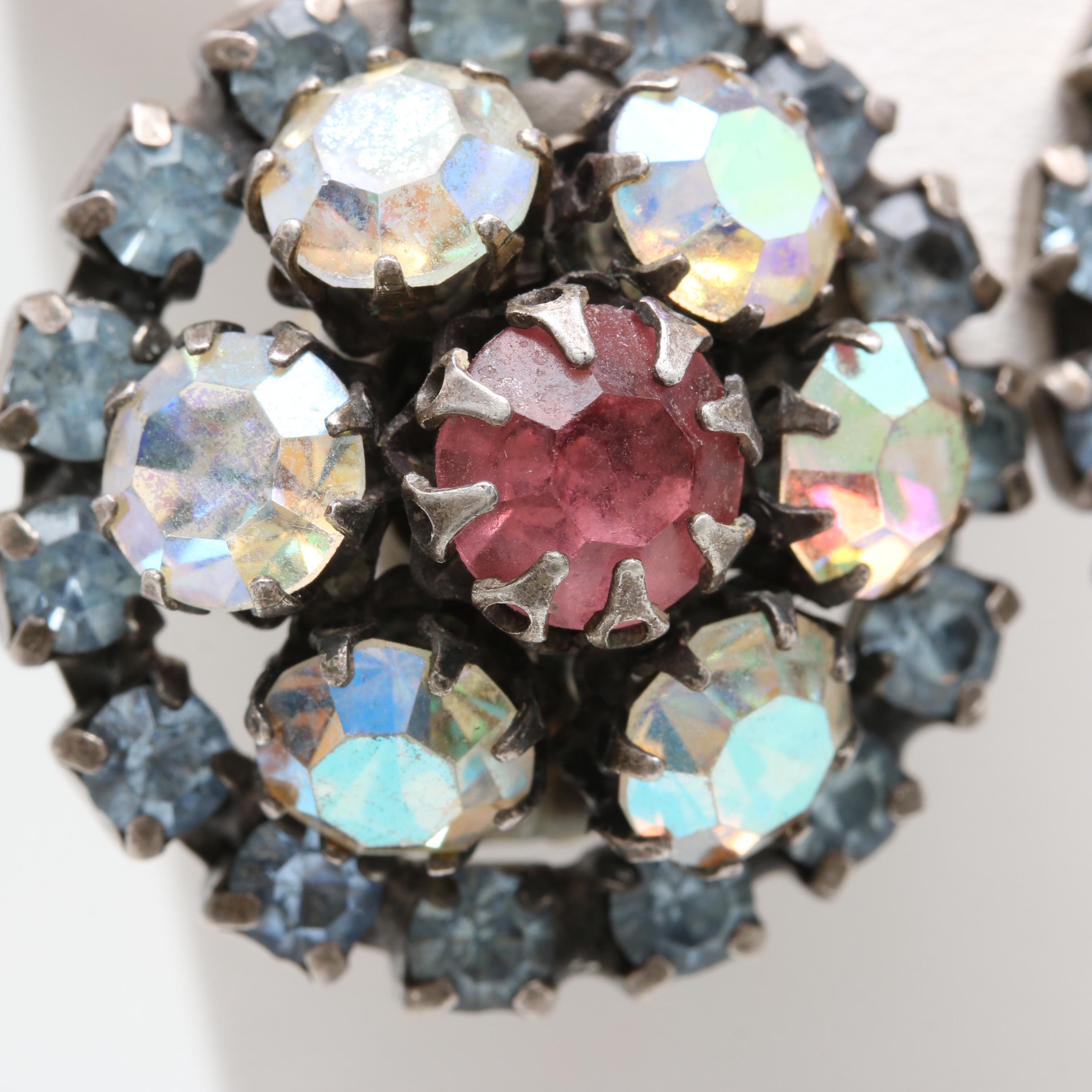 Round Silver Tone and Foilback Glass Crystal Earrings