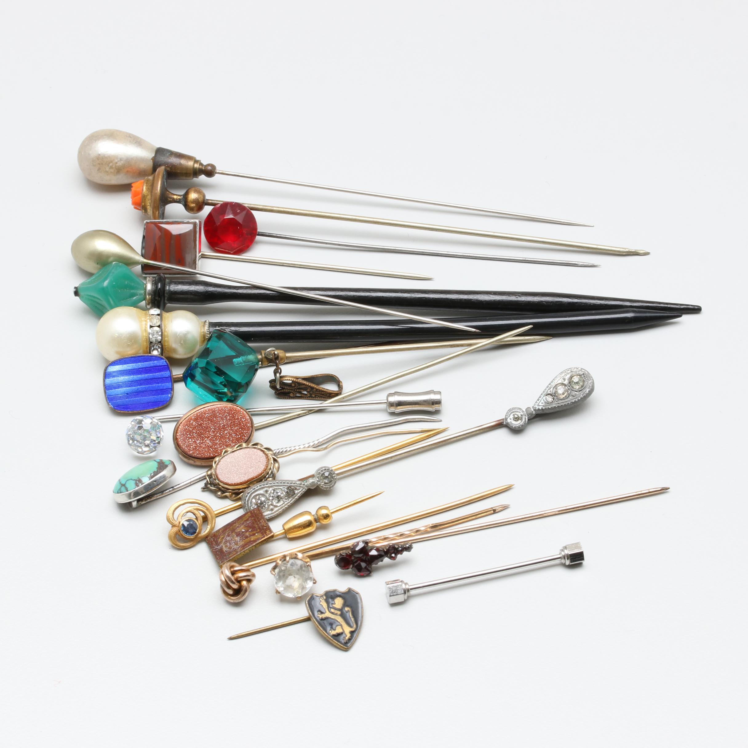 Antique and Vintage Hat and Lapel Pins Including Coral, Garnet, and More