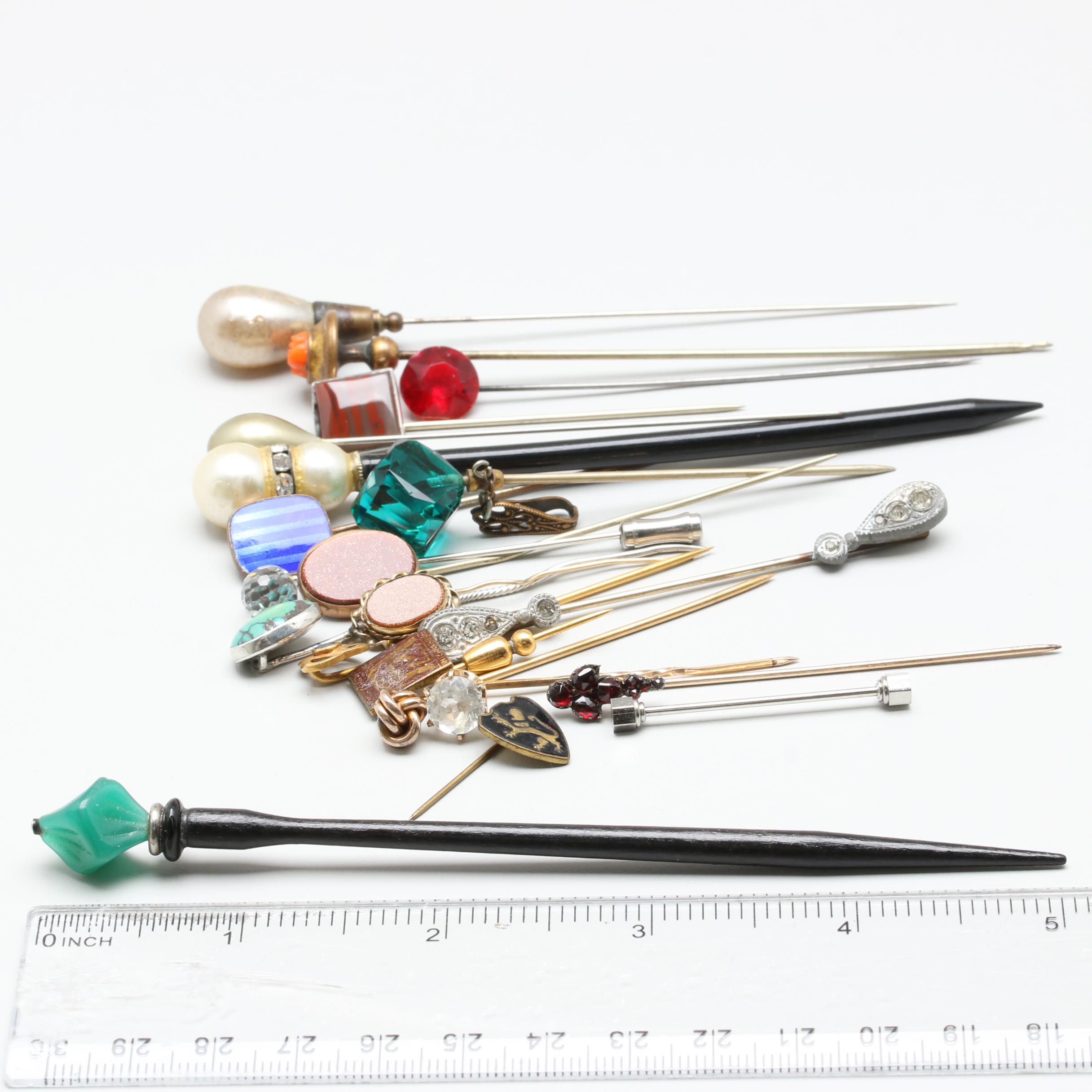 Antique and Vintage Hat and Lapel Pins Including Coral, Garnet, and More