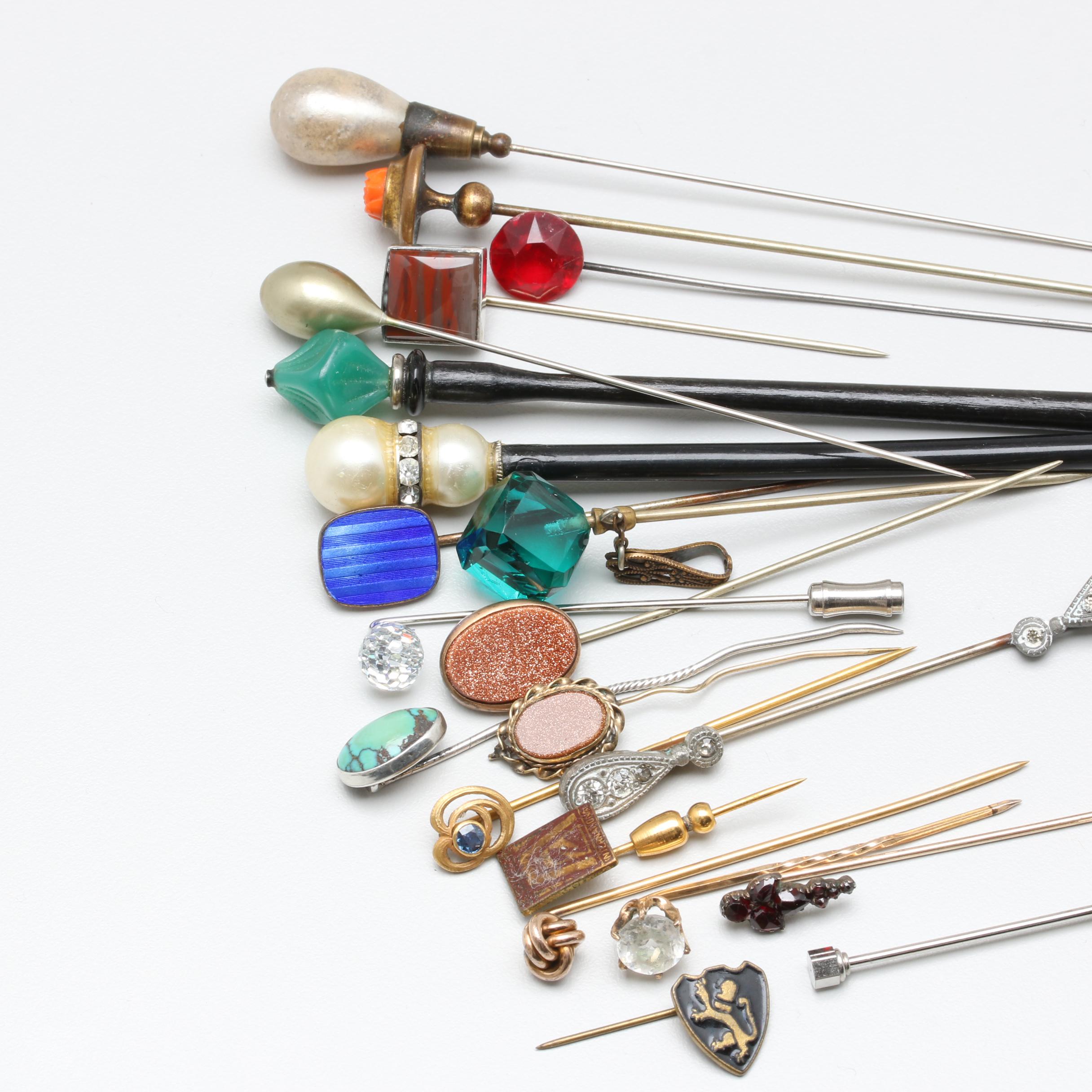Antique and Vintage Hat and Lapel Pins Including Coral, Garnet, and More