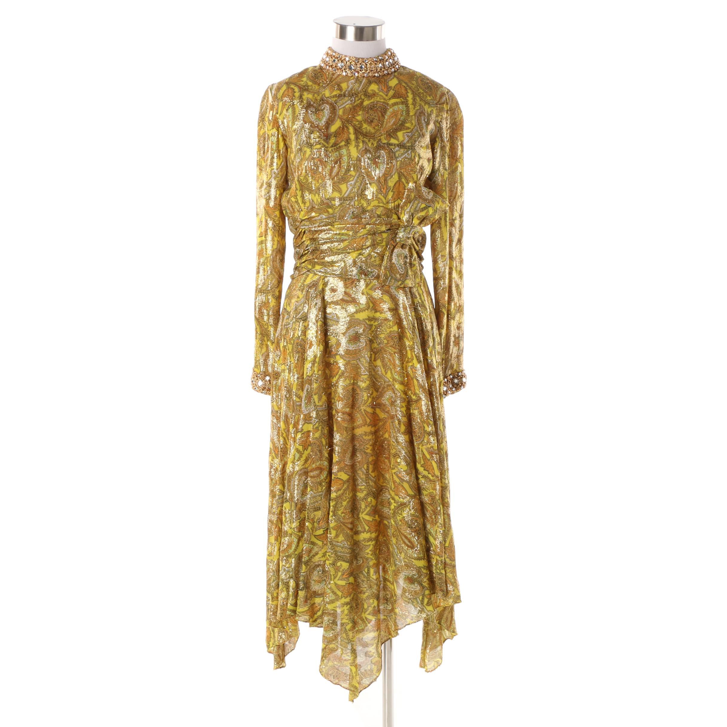 Women's 1960s Metallic Gold Embellished Cocktail Dress