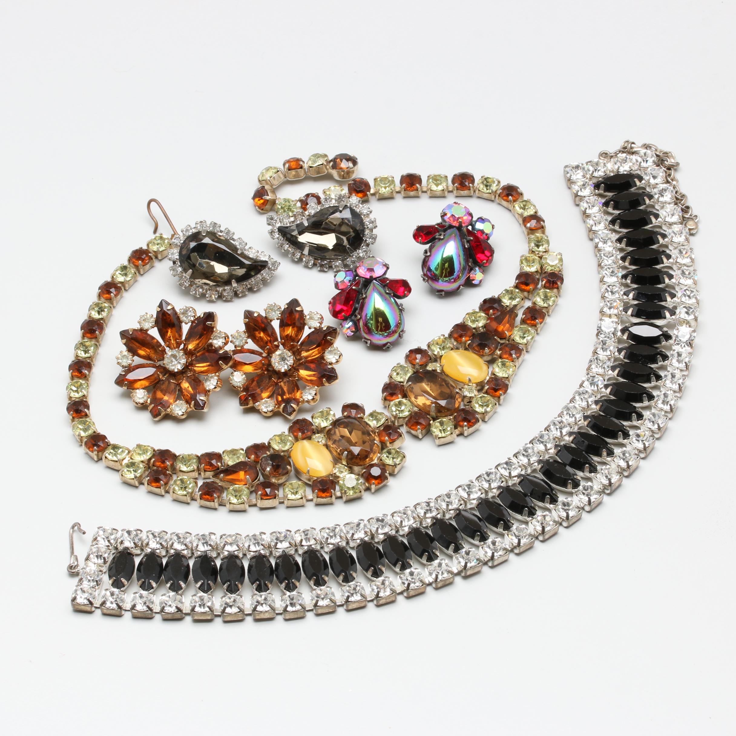 Assortment of Foilback and Glass Crystal Necklaces and Earrings