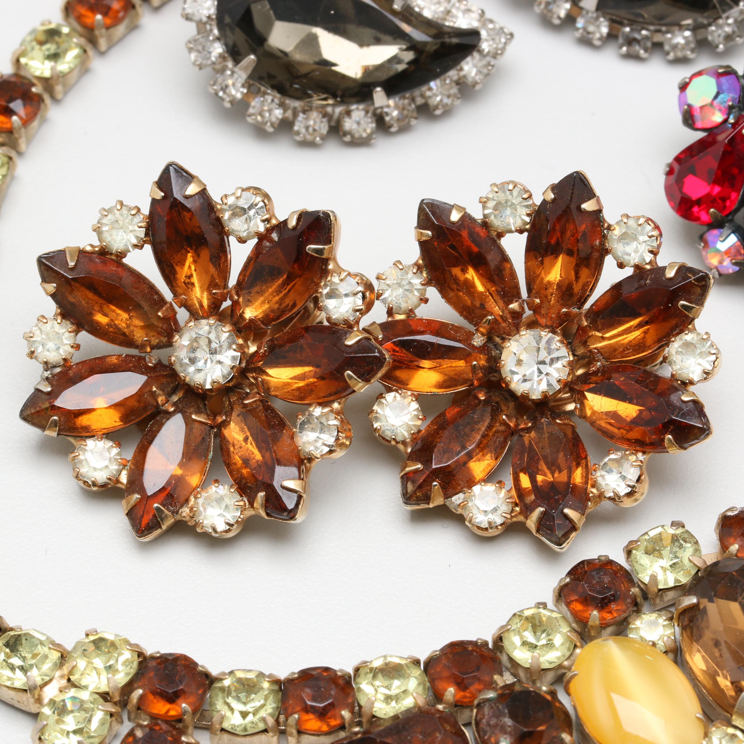 Assortment of Foilback and Glass Crystal Necklaces and Earrings