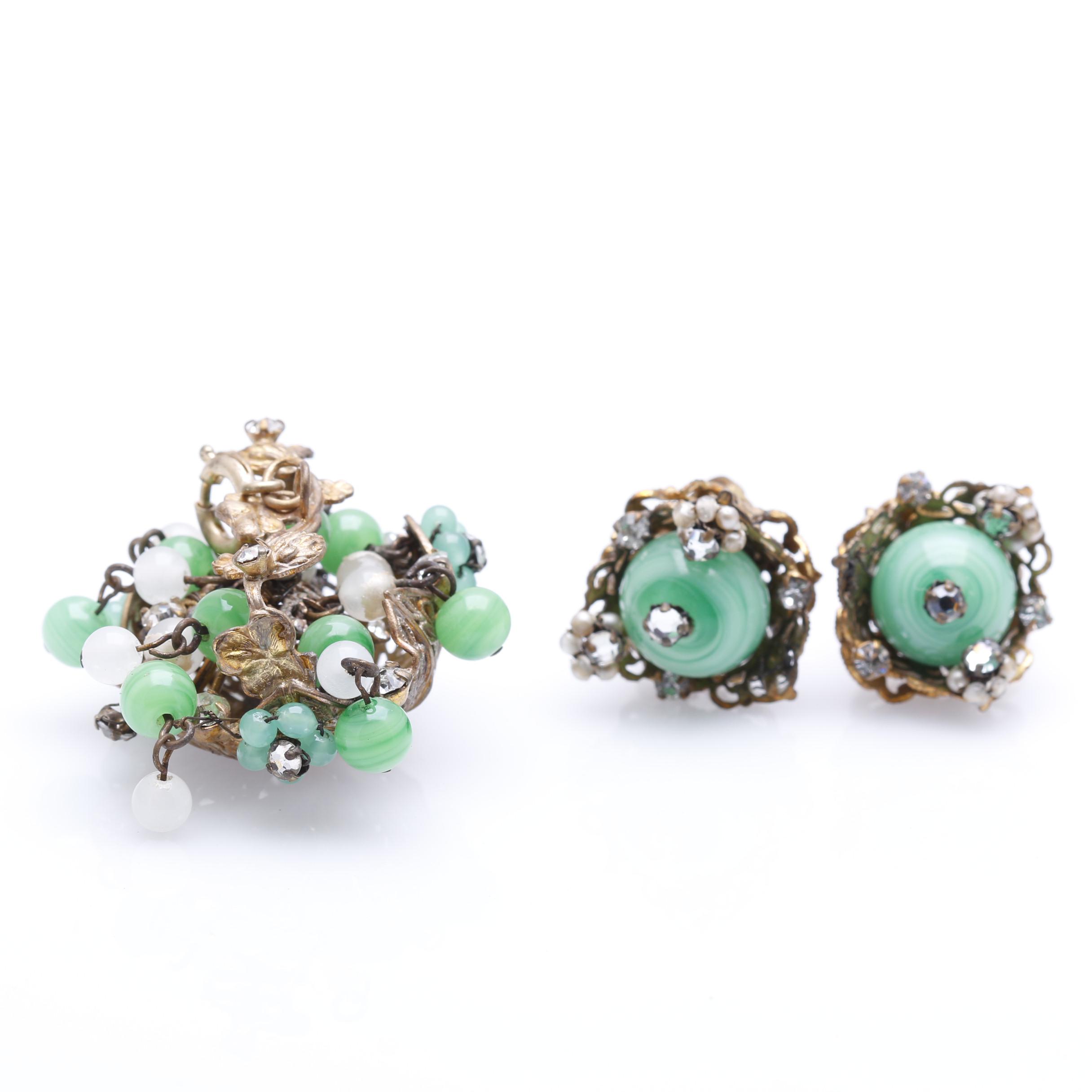 1950s Robert Poured Glass and Rhinestone Floral Basket Pendant and Earrings