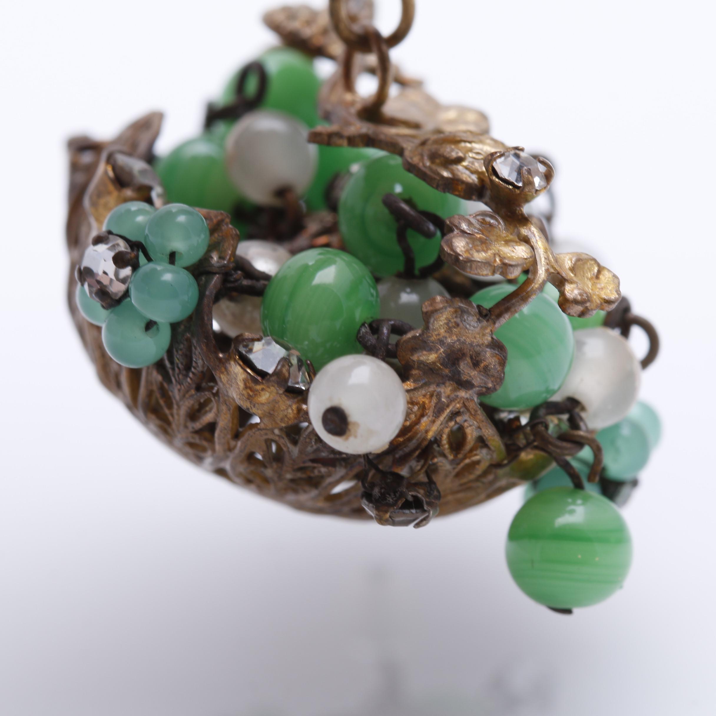 1950s Robert Poured Glass and Rhinestone Floral Basket Pendant and Earrings