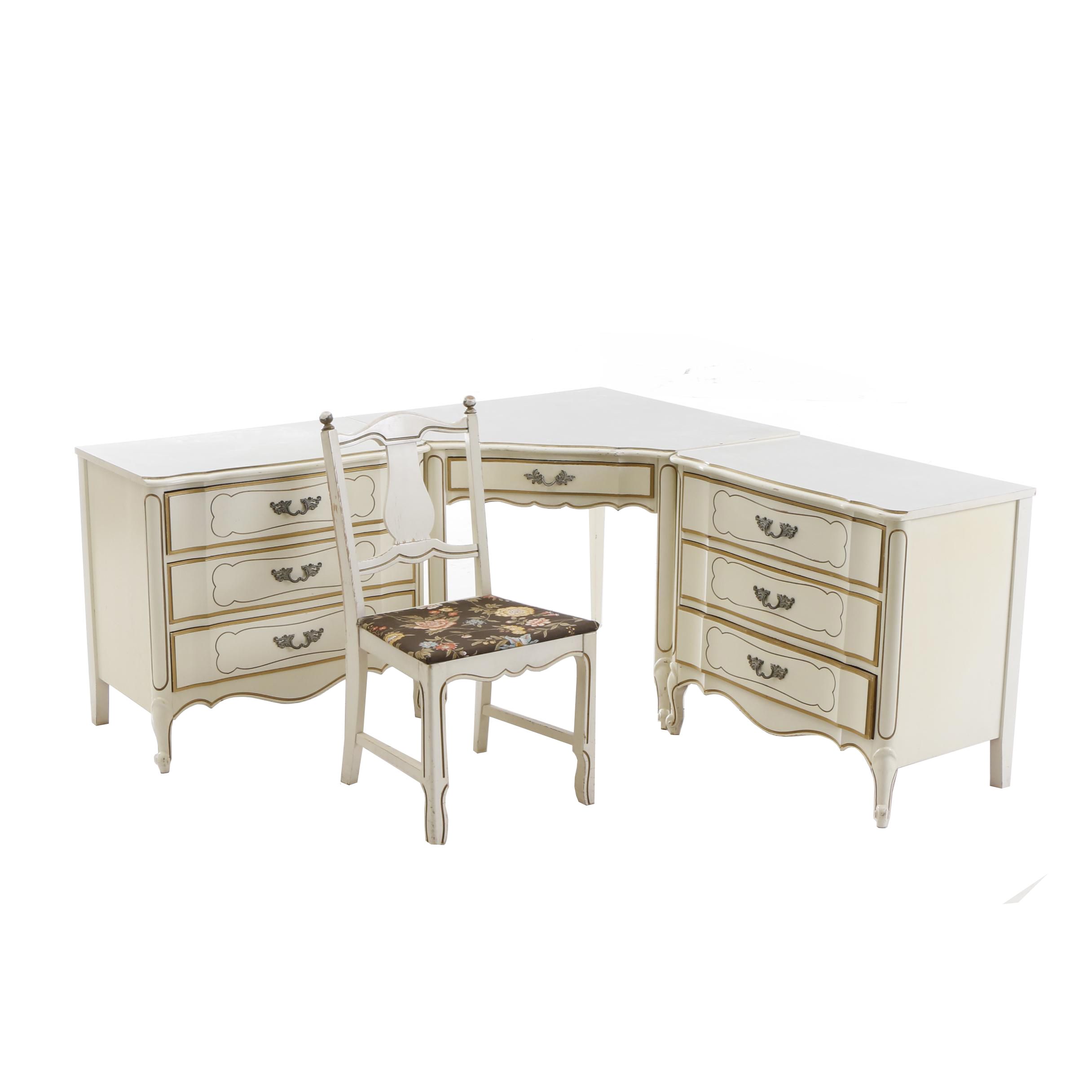 20th Century White French Provincial Style Corner Desk with Chair