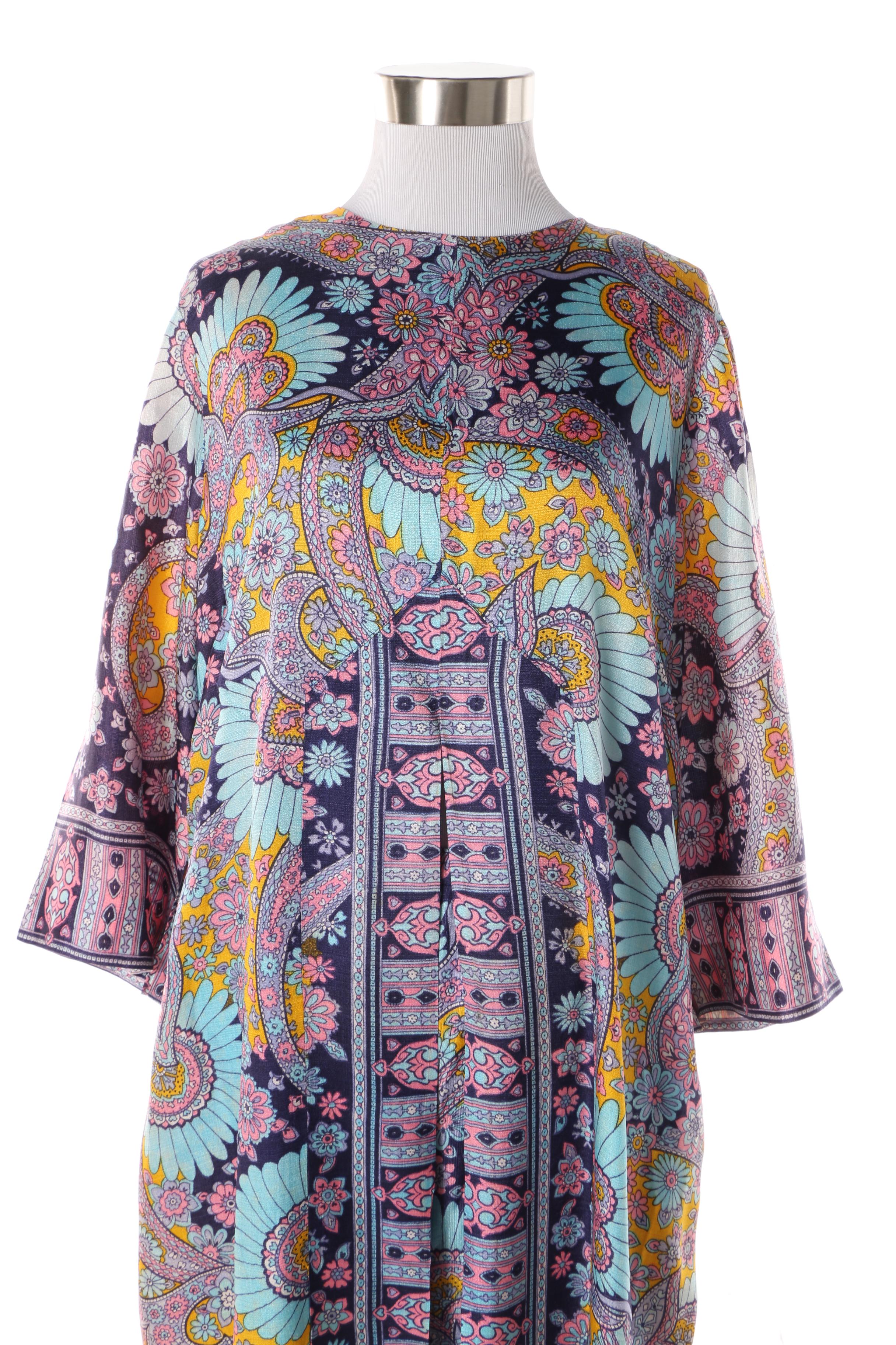 Women's 1960s Vintage Psychedelic Floral Print Kaftan and Pants Set