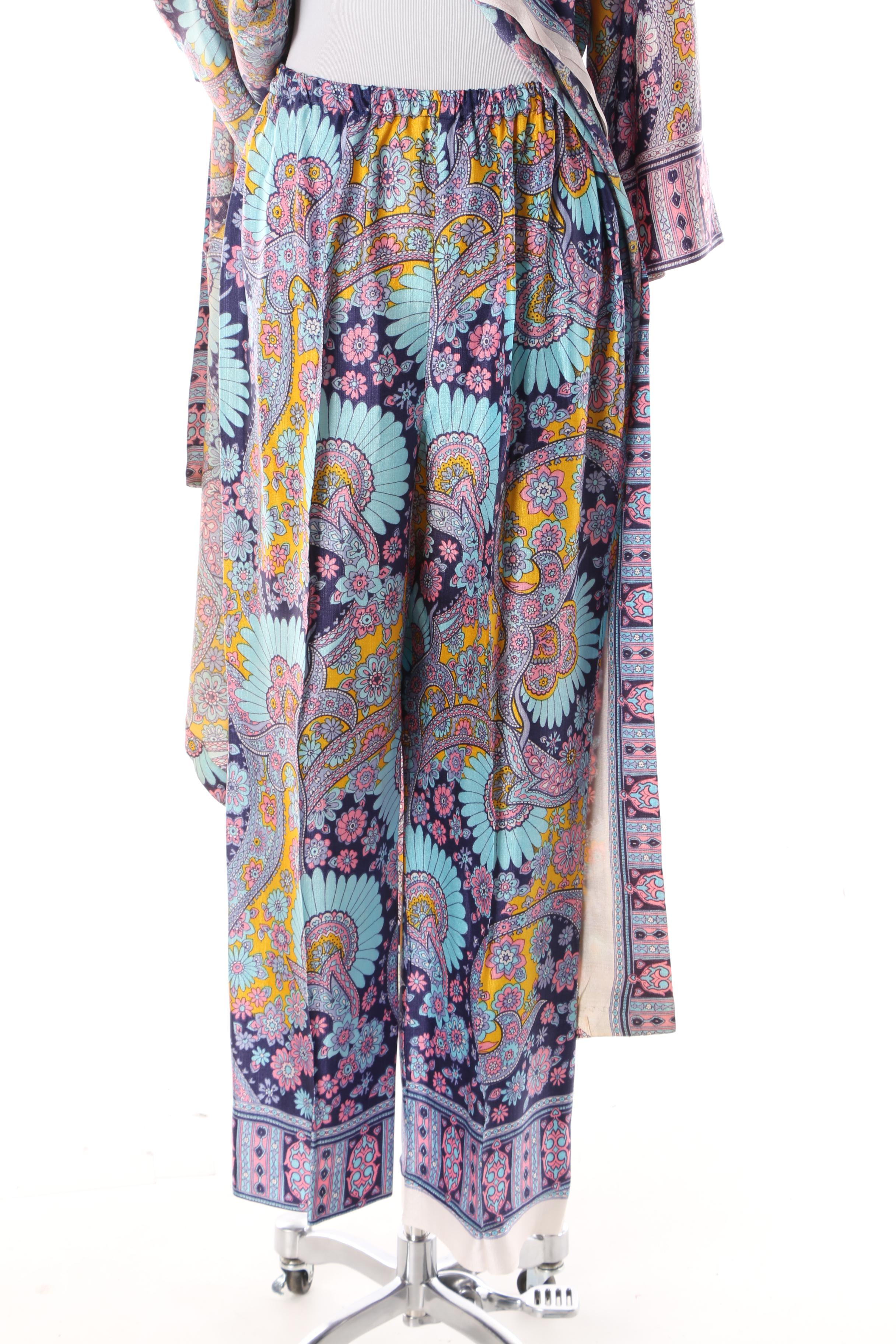 Women's 1960s Vintage Psychedelic Floral Print Kaftan and Pants Set