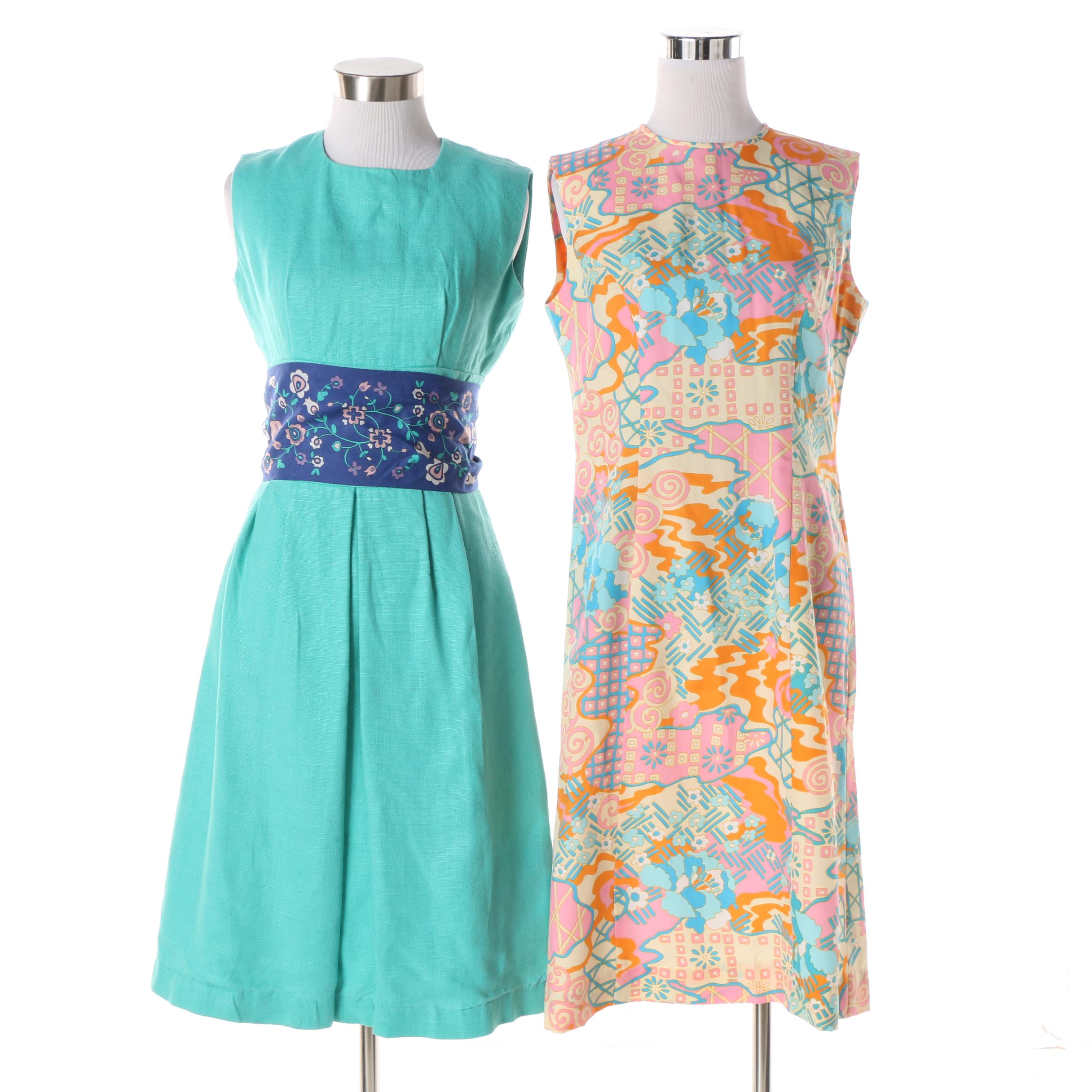 1960s Aqua Blue Linen and Abstract Floral Midi Dress with Floral Sash