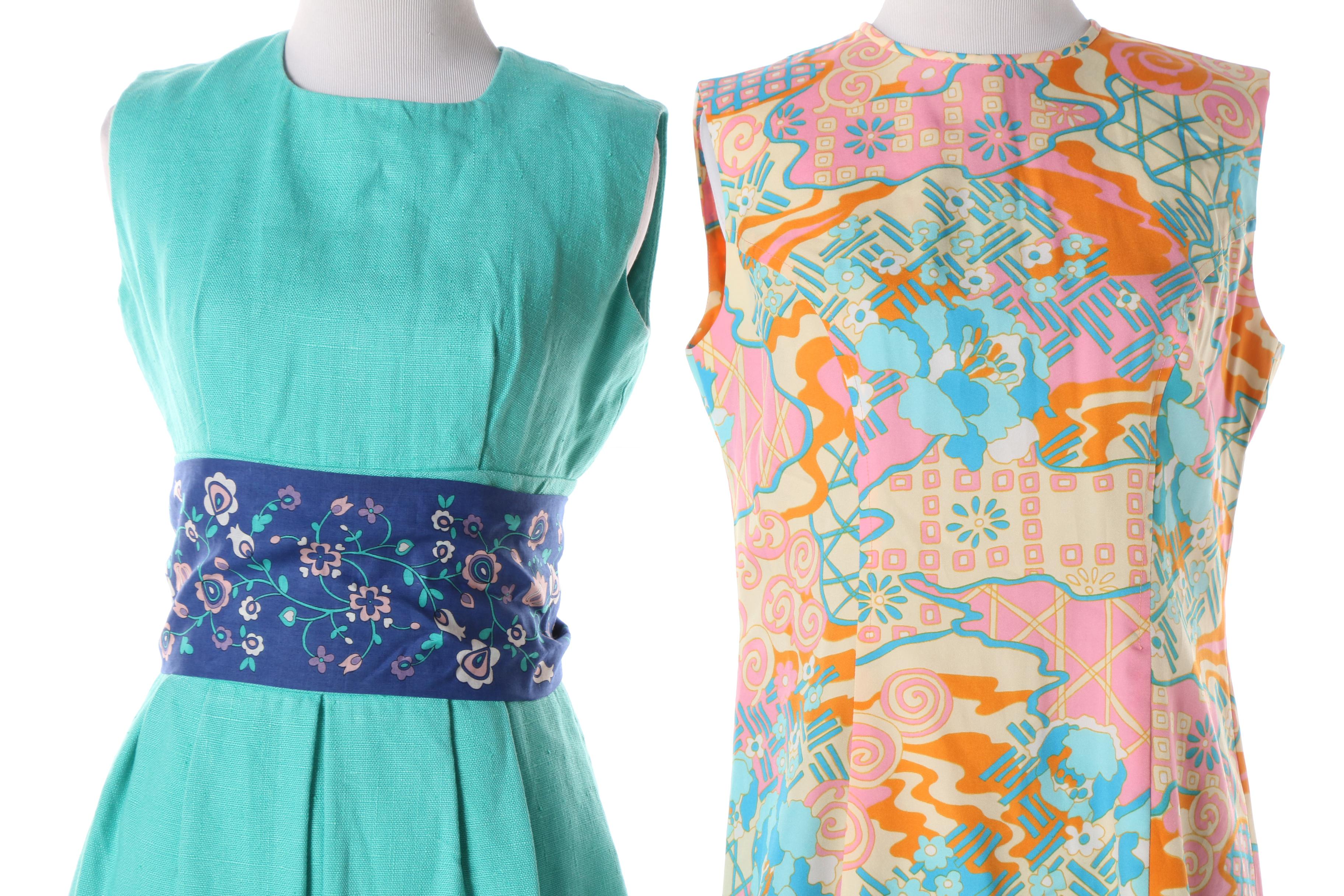 1960s Aqua Blue Linen and Abstract Floral Midi Dress with Floral Sash