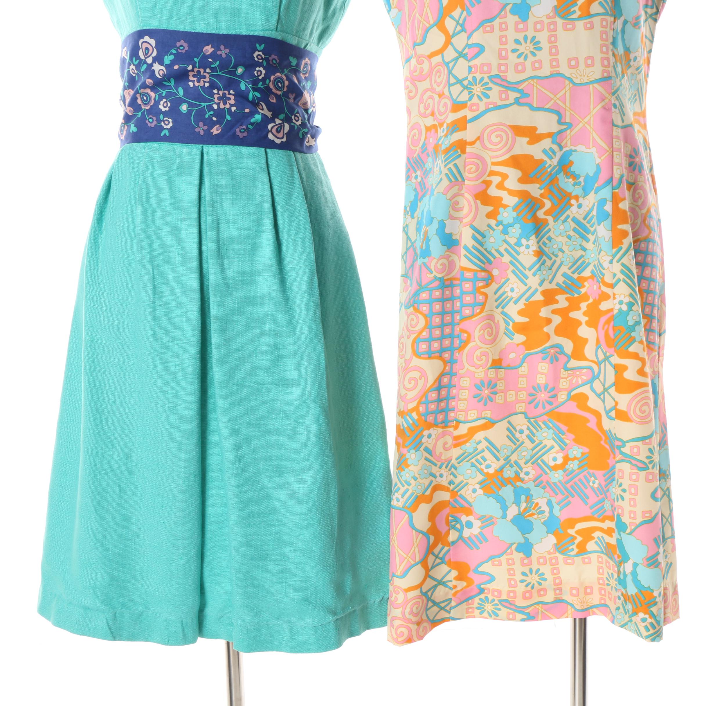 1960s Aqua Blue Linen and Abstract Floral Midi Dress with Floral Sash