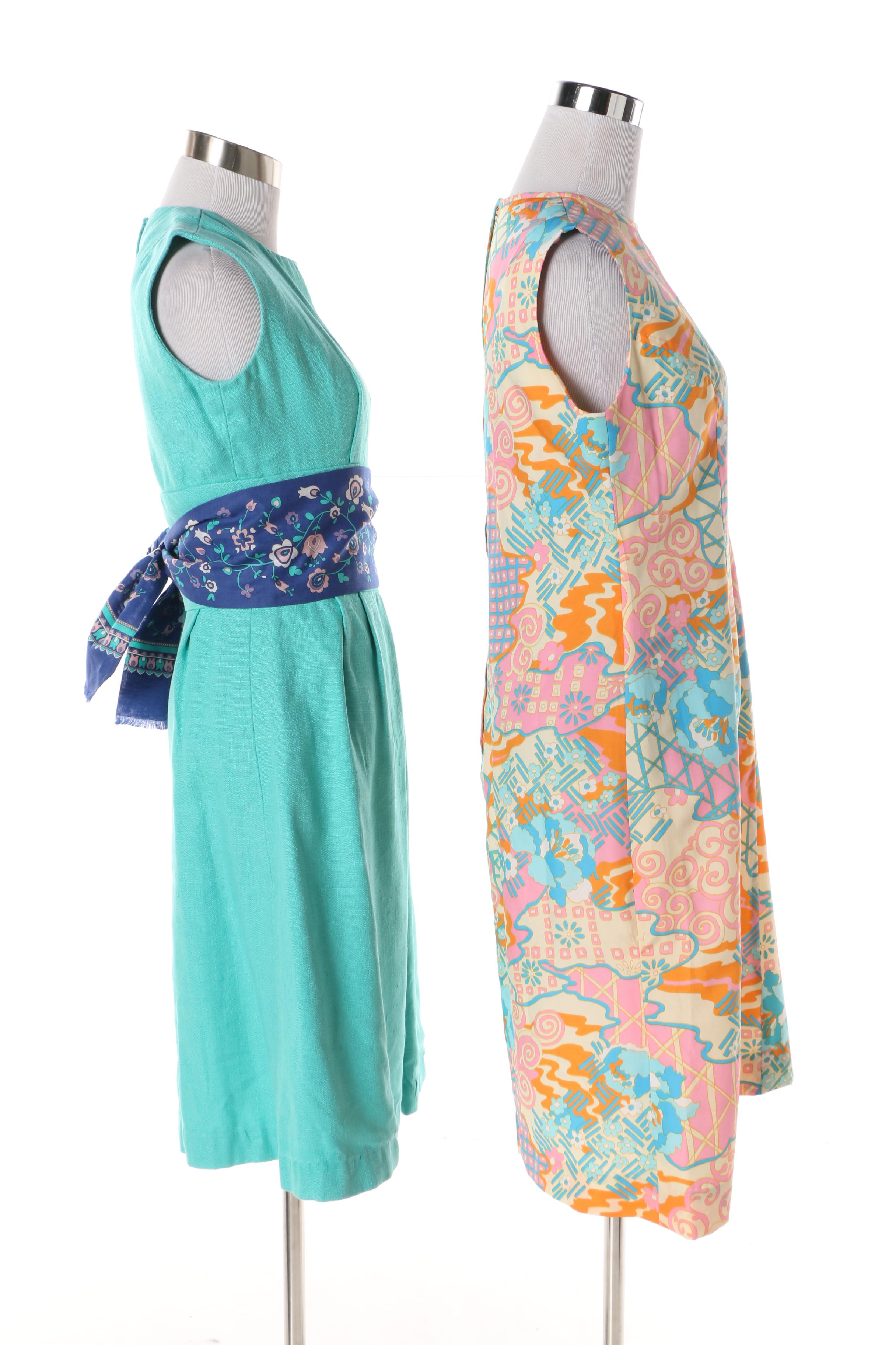 1960s Aqua Blue Linen and Abstract Floral Midi Dress with Floral Sash