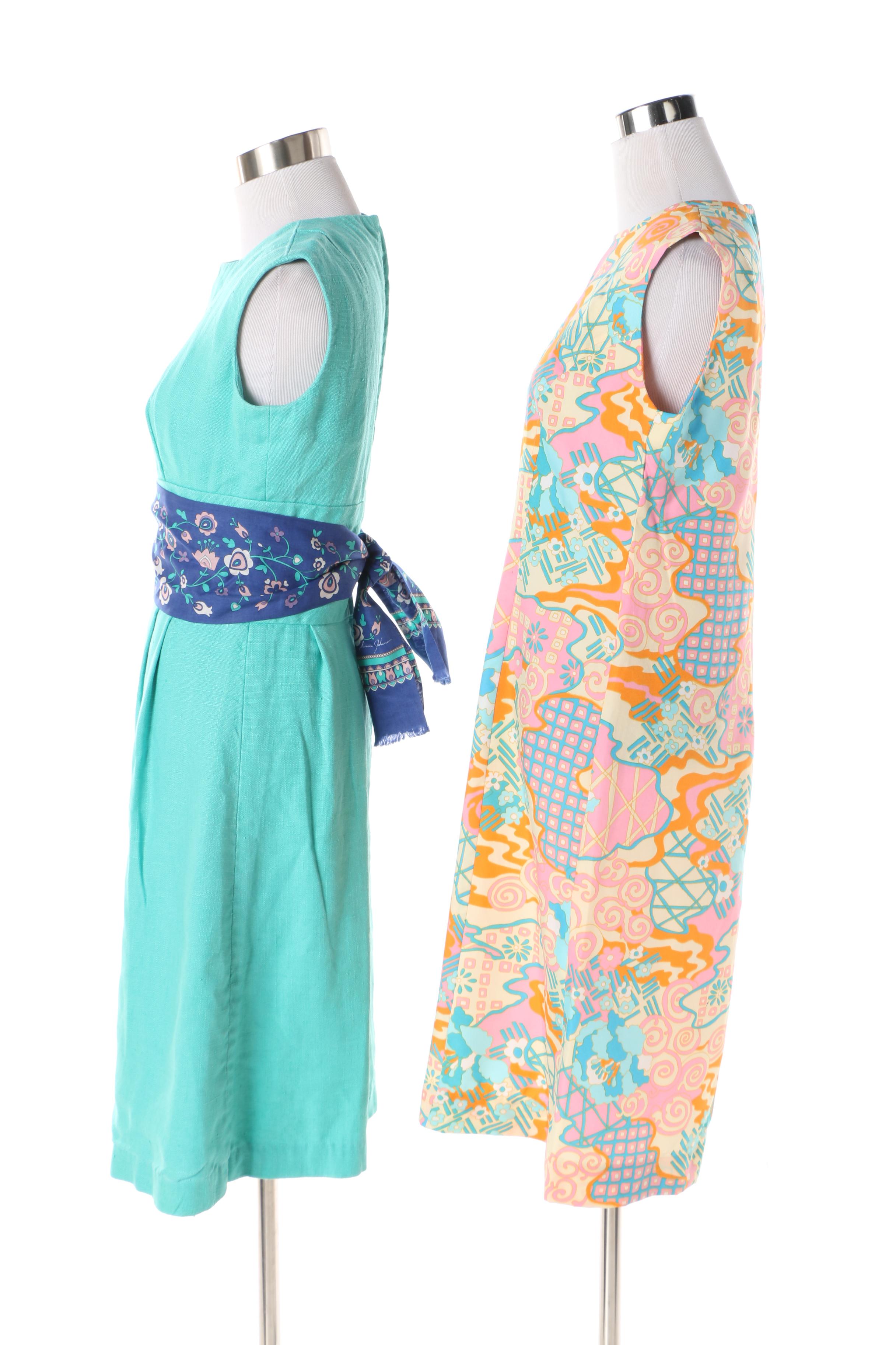 1960s Aqua Blue Linen and Abstract Floral Midi Dress with Floral Sash