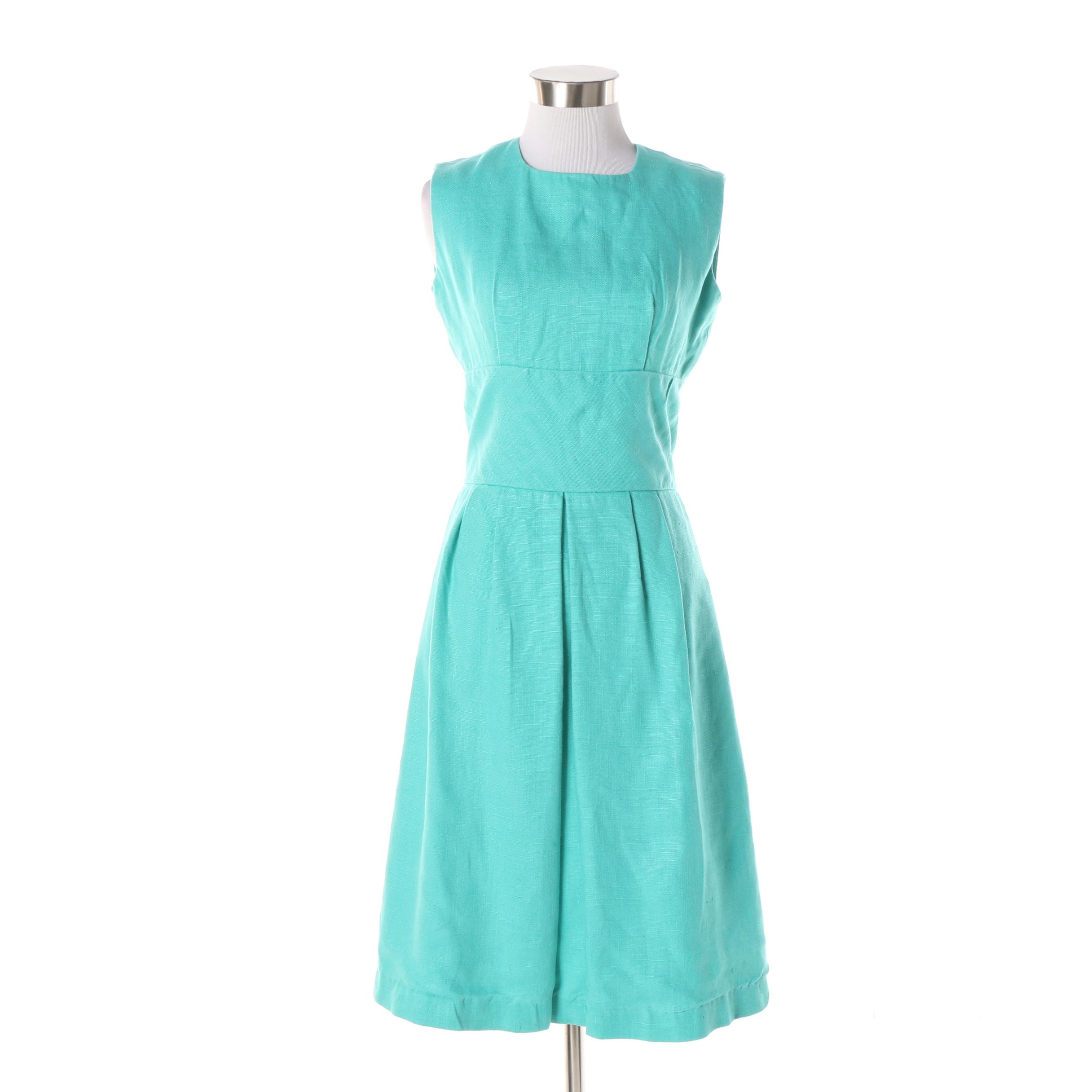 1960s Aqua Blue Linen and Abstract Floral Midi Dress with Floral Sash