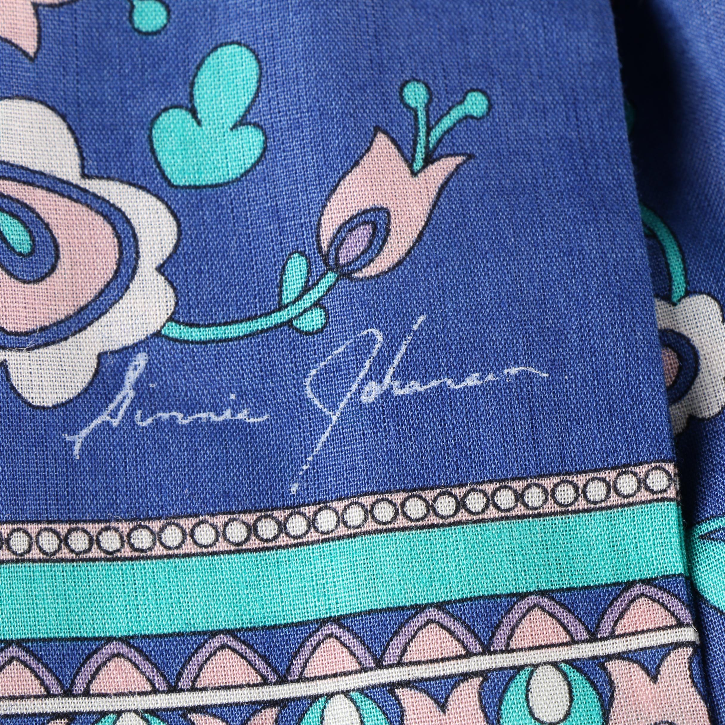 1960s Aqua Blue Linen and Abstract Floral Midi Dress with Floral Sash