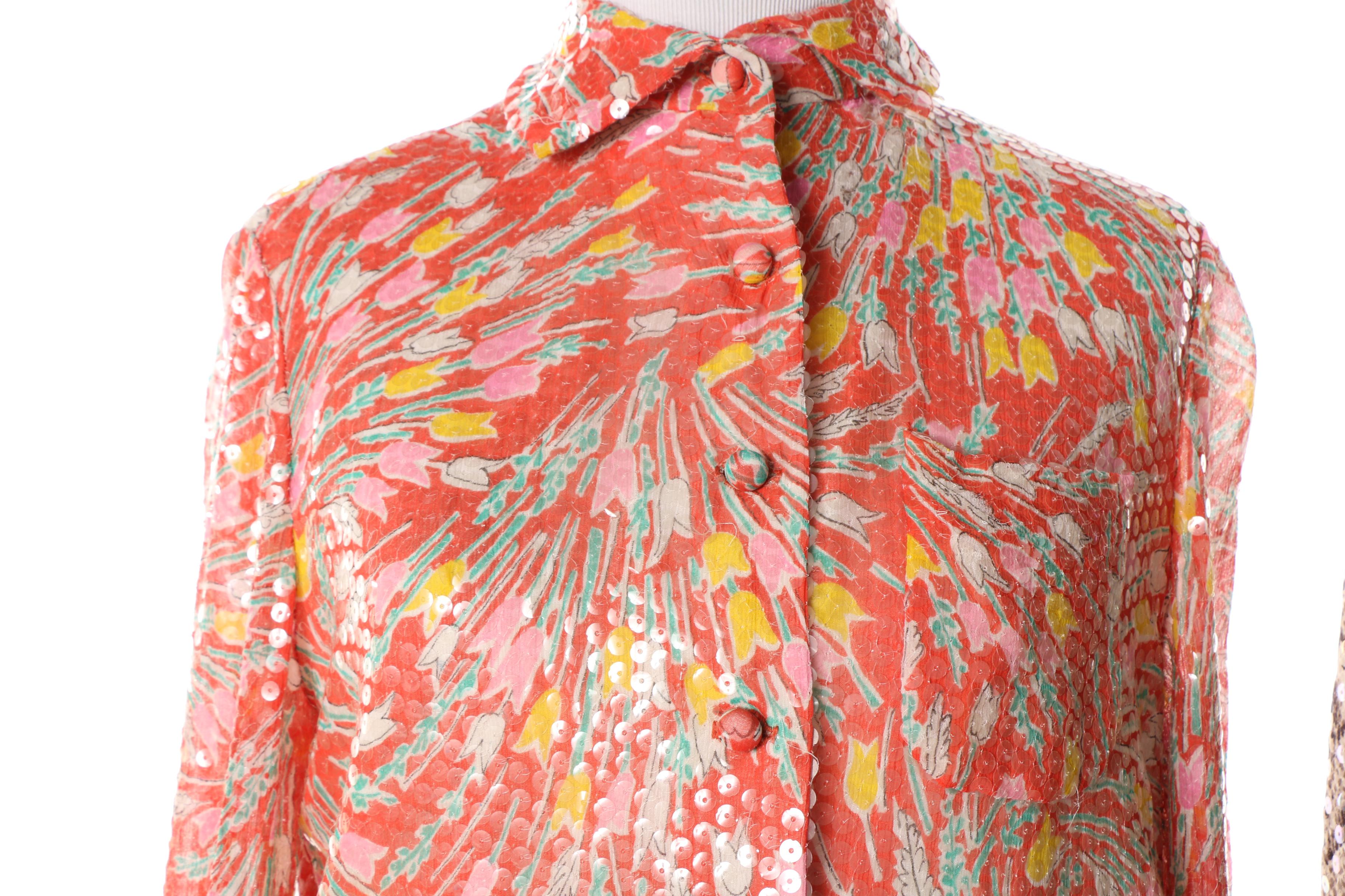 1960s Harold Levine Red Silk Floral Including Sequins with Other Pantsuits