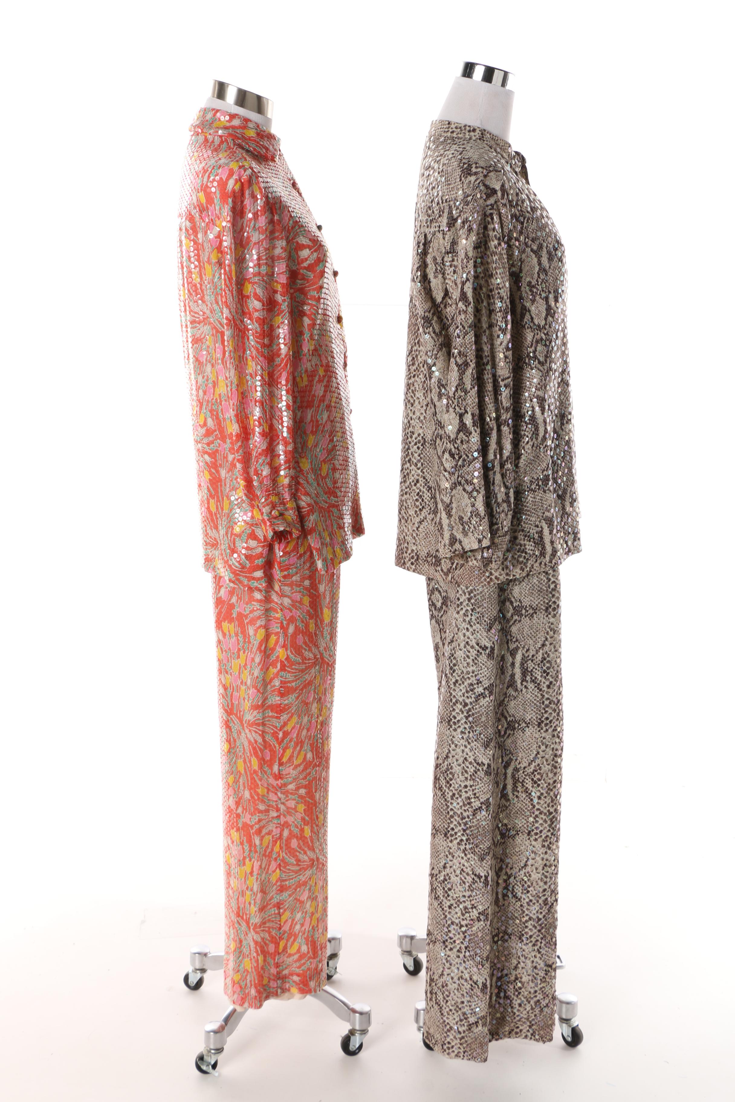 1960s Harold Levine Red Silk Floral Including Sequins with Other Pantsuits