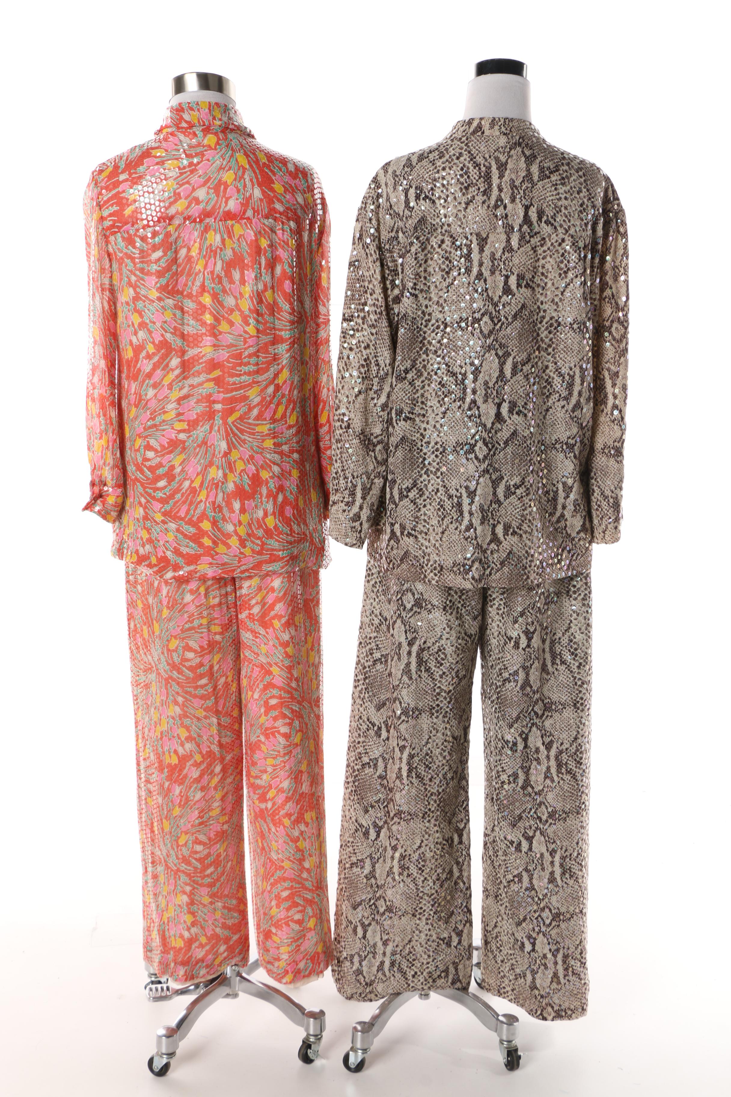 1960s Harold Levine Red Silk Floral Including Sequins with Other Pantsuits