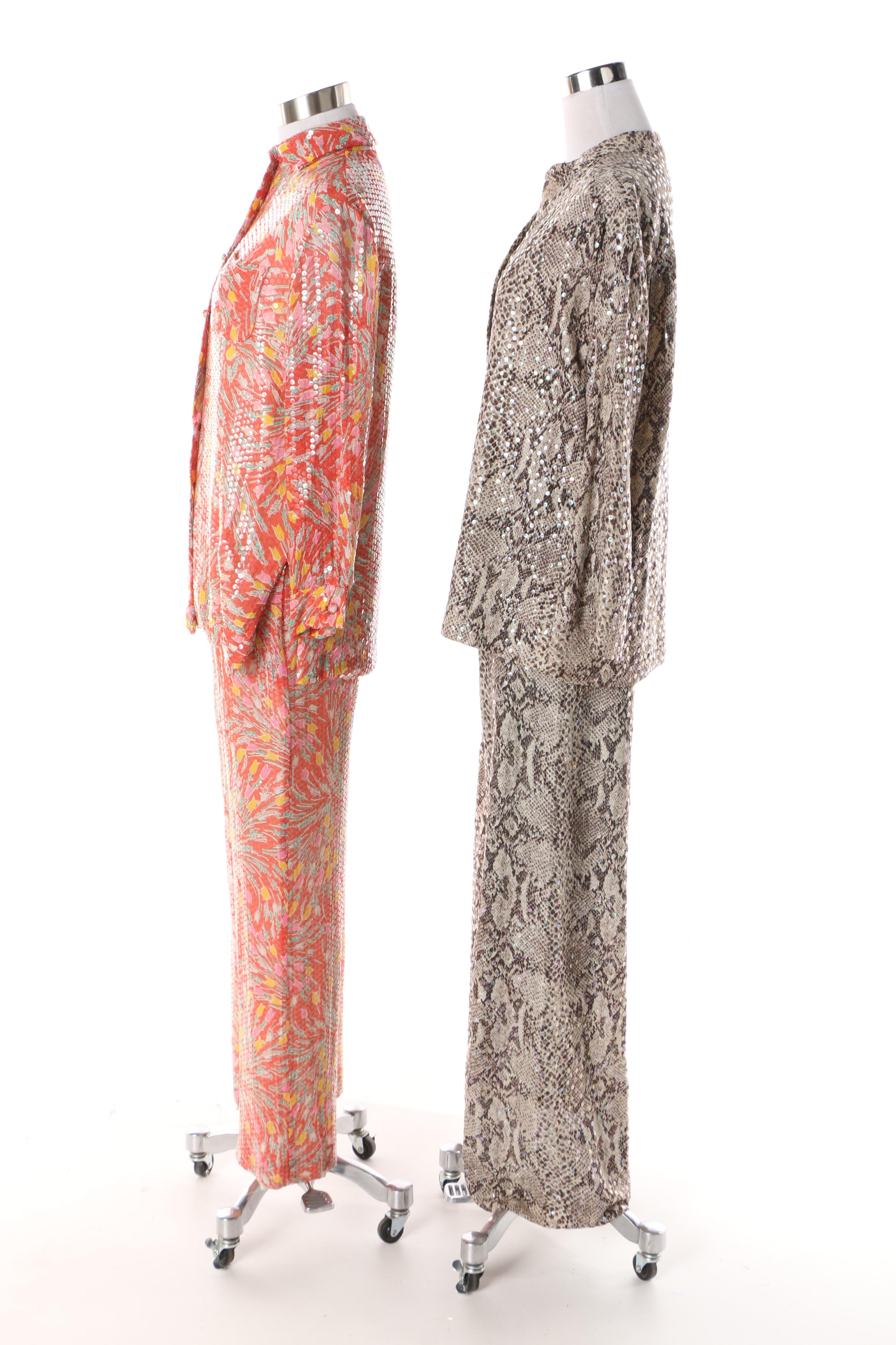 1960s Harold Levine Red Silk Floral Including Sequins with Other Pantsuits