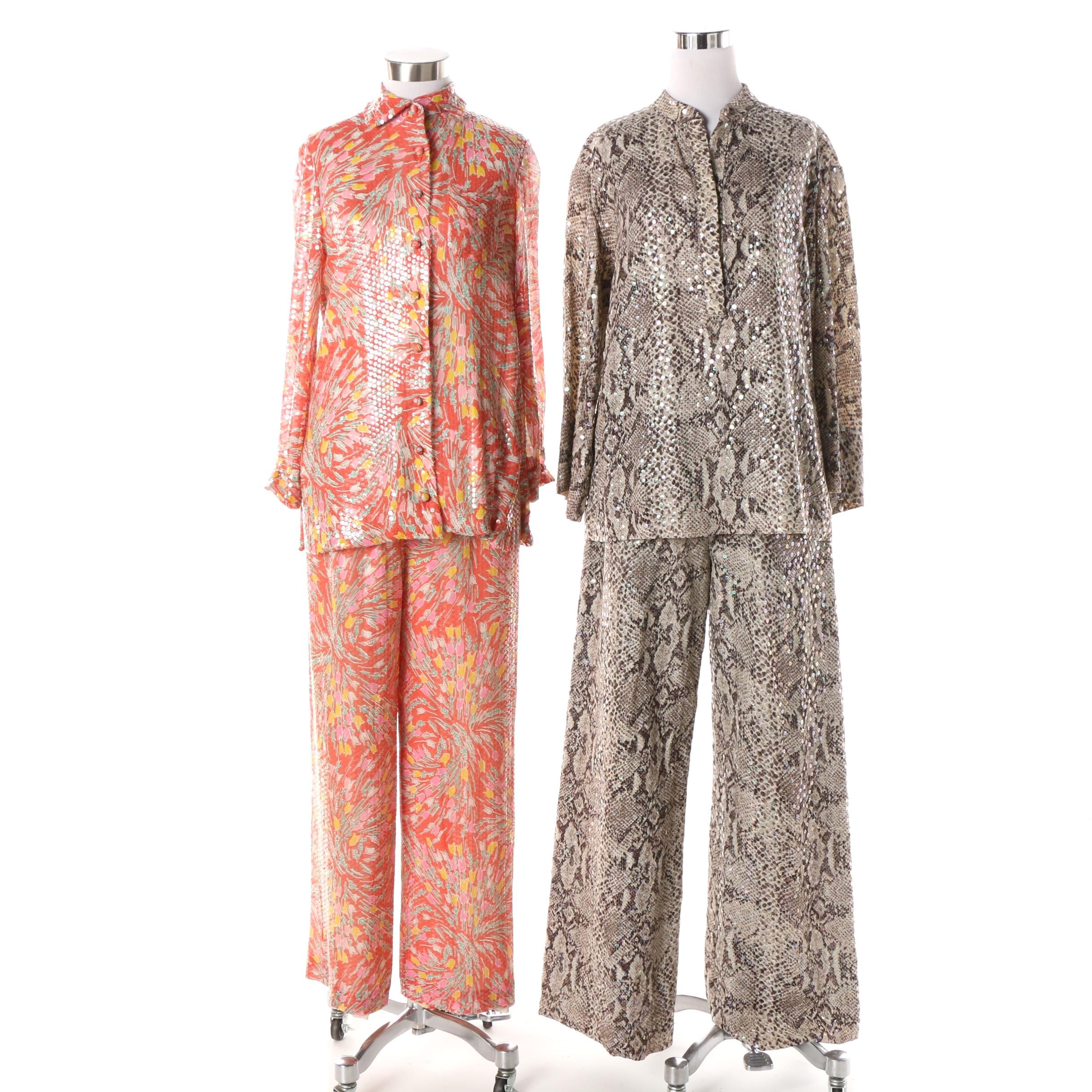 1960s Harold Levine Red Silk Floral Including Sequins with Other Pantsuits