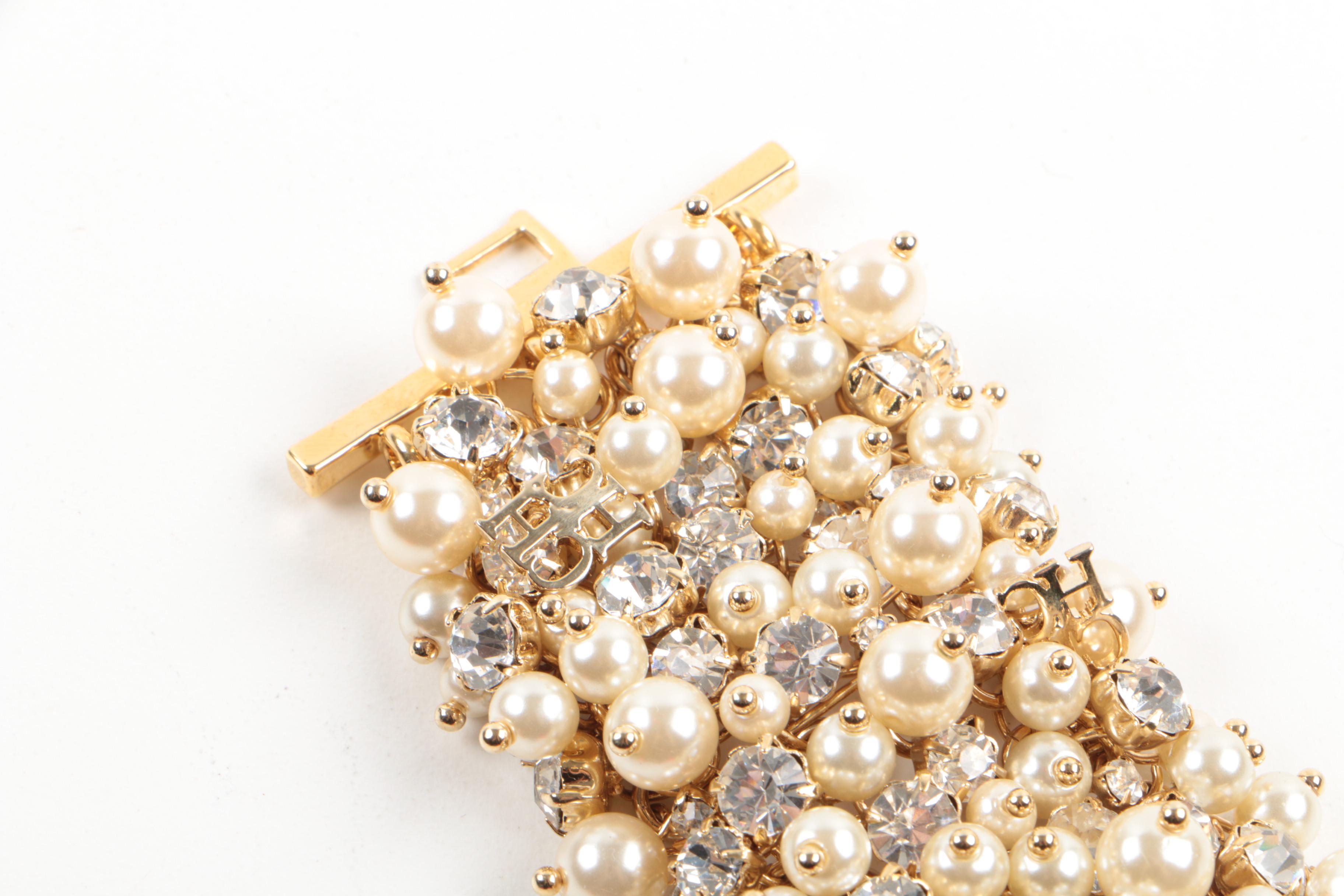 Carolina Herrera Gold Tone Imitation Pearl and Glass Foilback Costume Bracelet