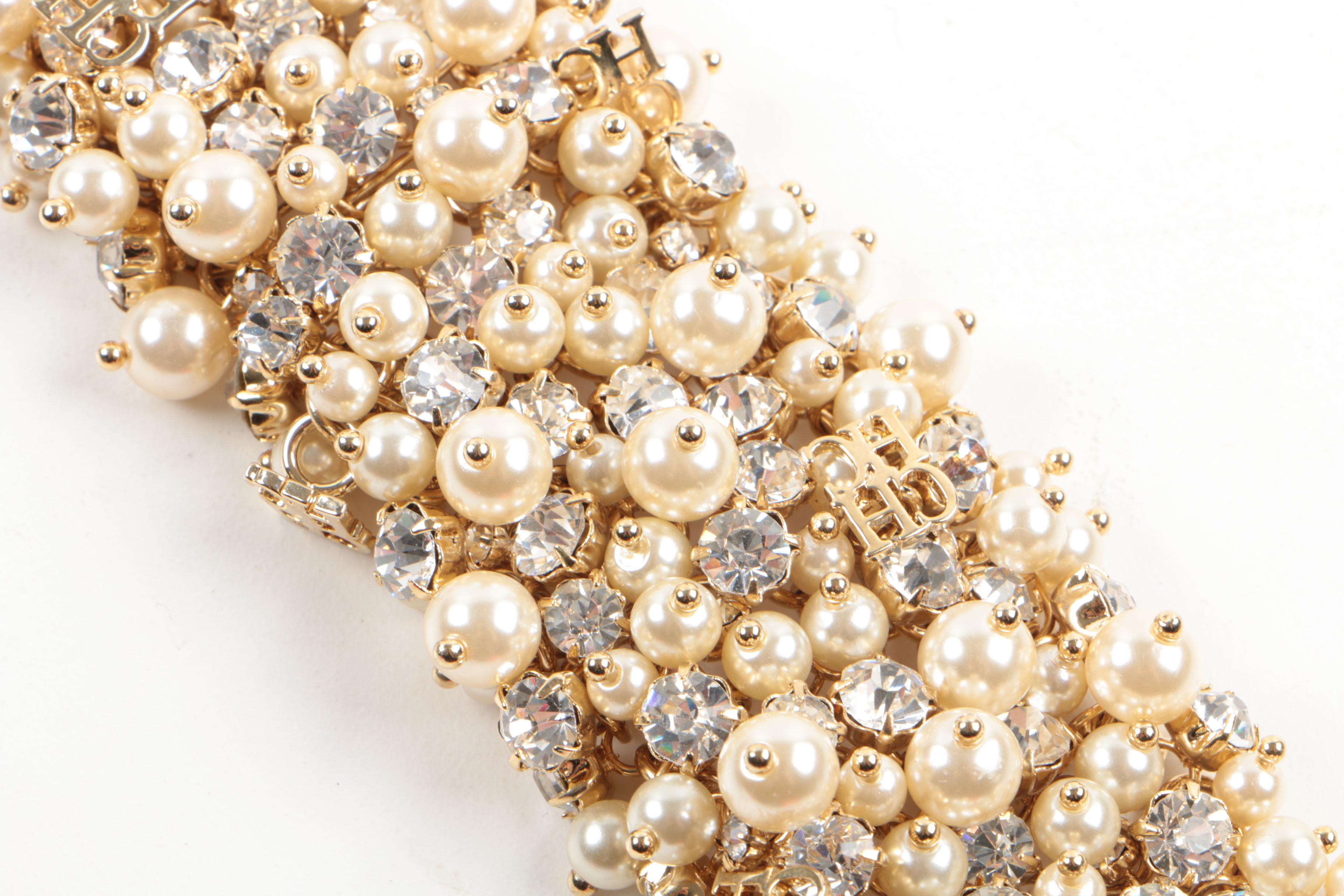 Carolina Herrera Gold Tone Imitation Pearl and Glass Foilback Costume Bracelet