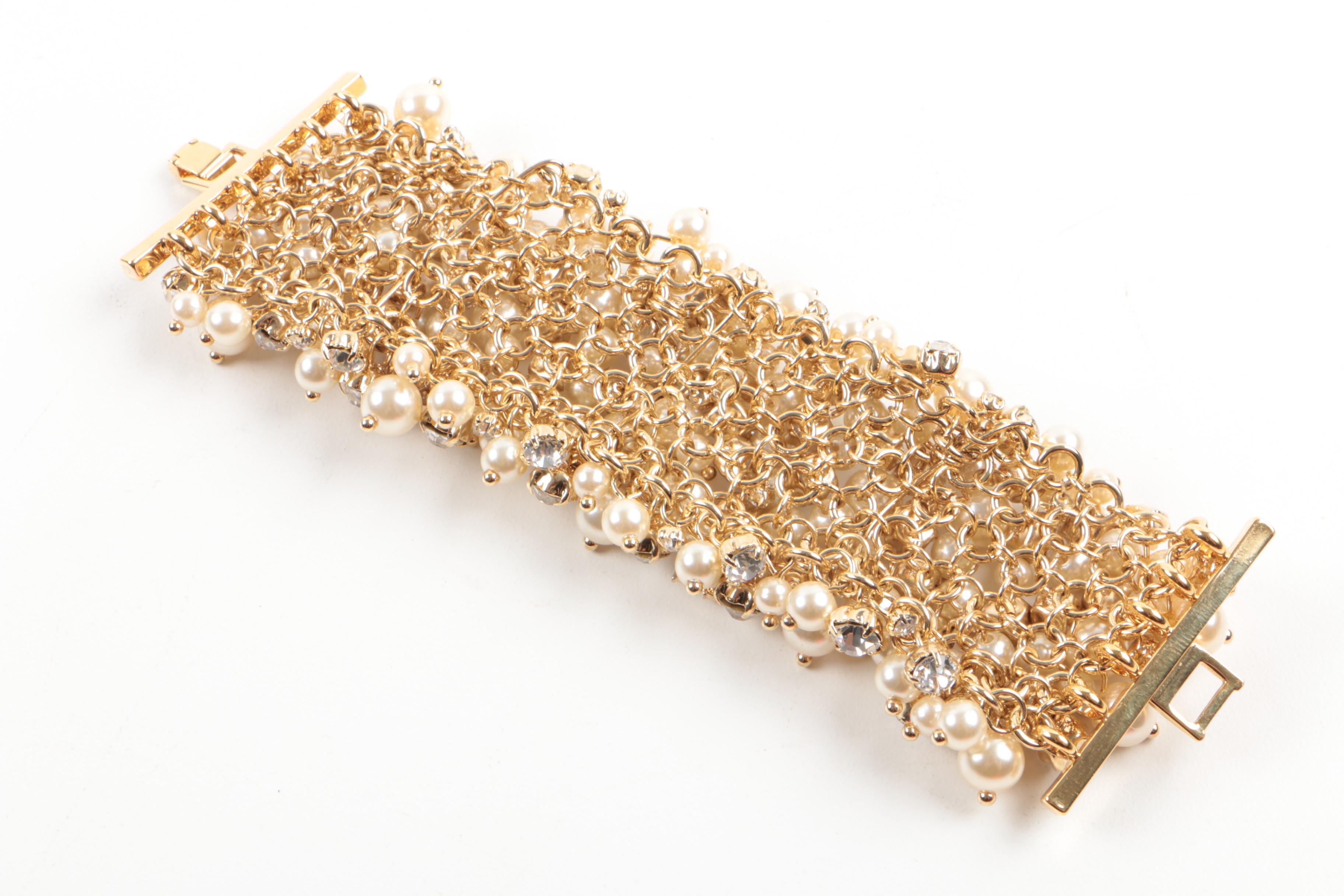 Carolina Herrera Gold Tone Imitation Pearl and Glass Foilback Costume Bracelet