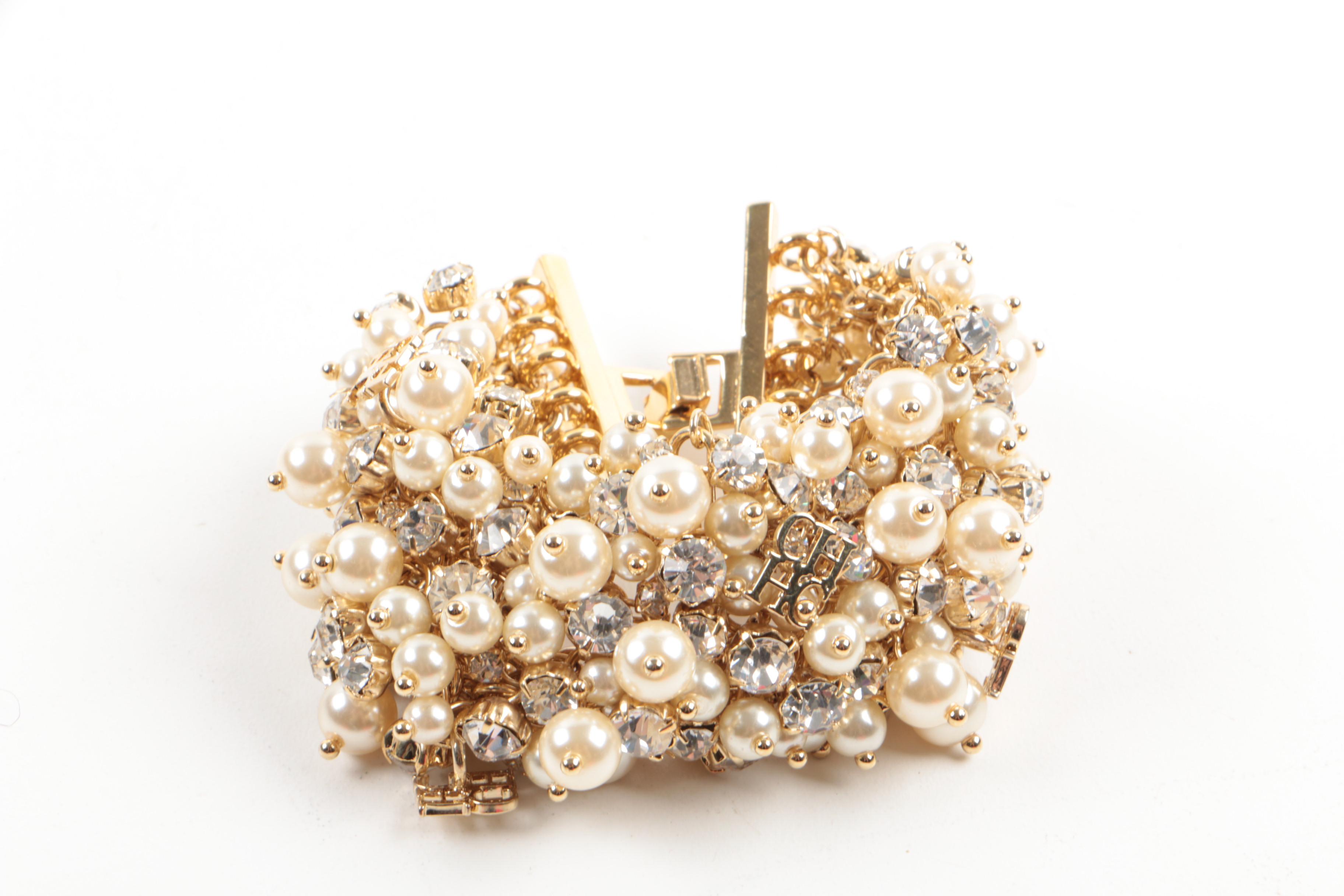 Carolina Herrera Gold Tone Imitation Pearl and Glass Foilback Costume Bracelet