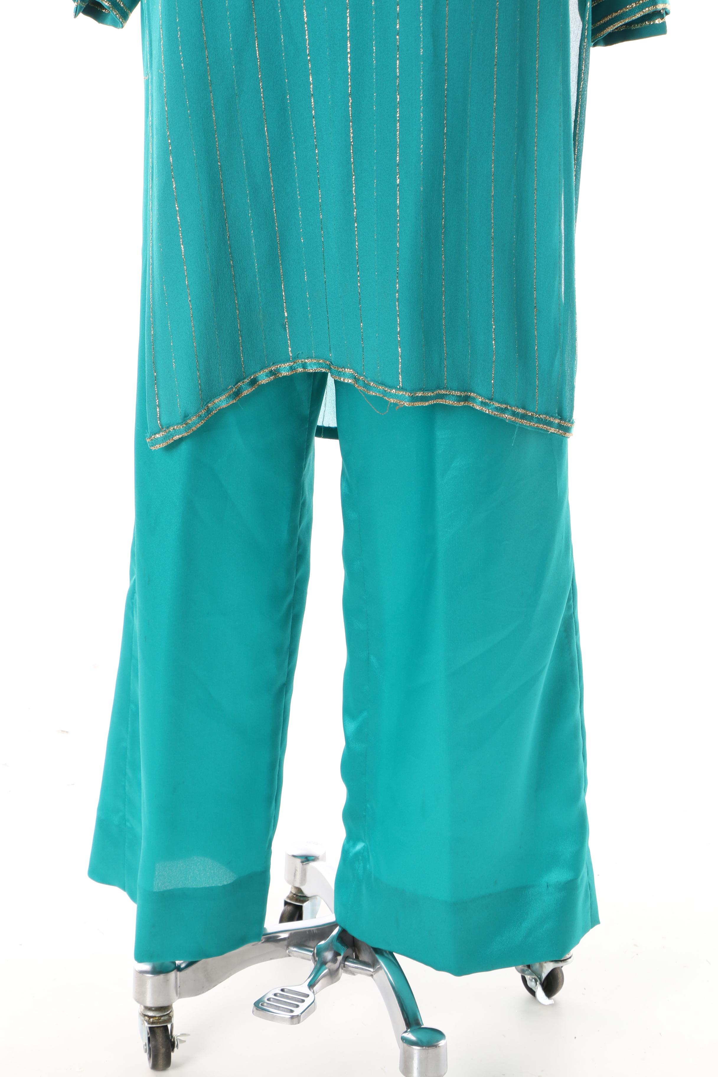 1970s Mignon French Silk Turquoise and Gold Pants, Top and Blouse Ensemble