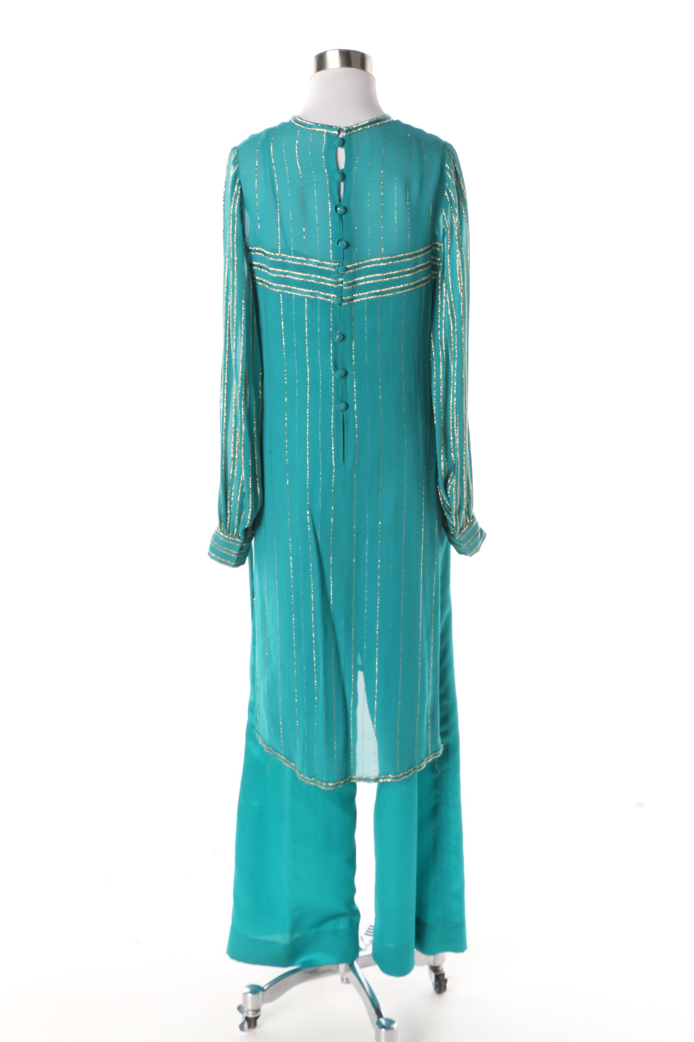 1970s Mignon French Silk Turquoise and Gold Pants, Top and Blouse Ensemble
