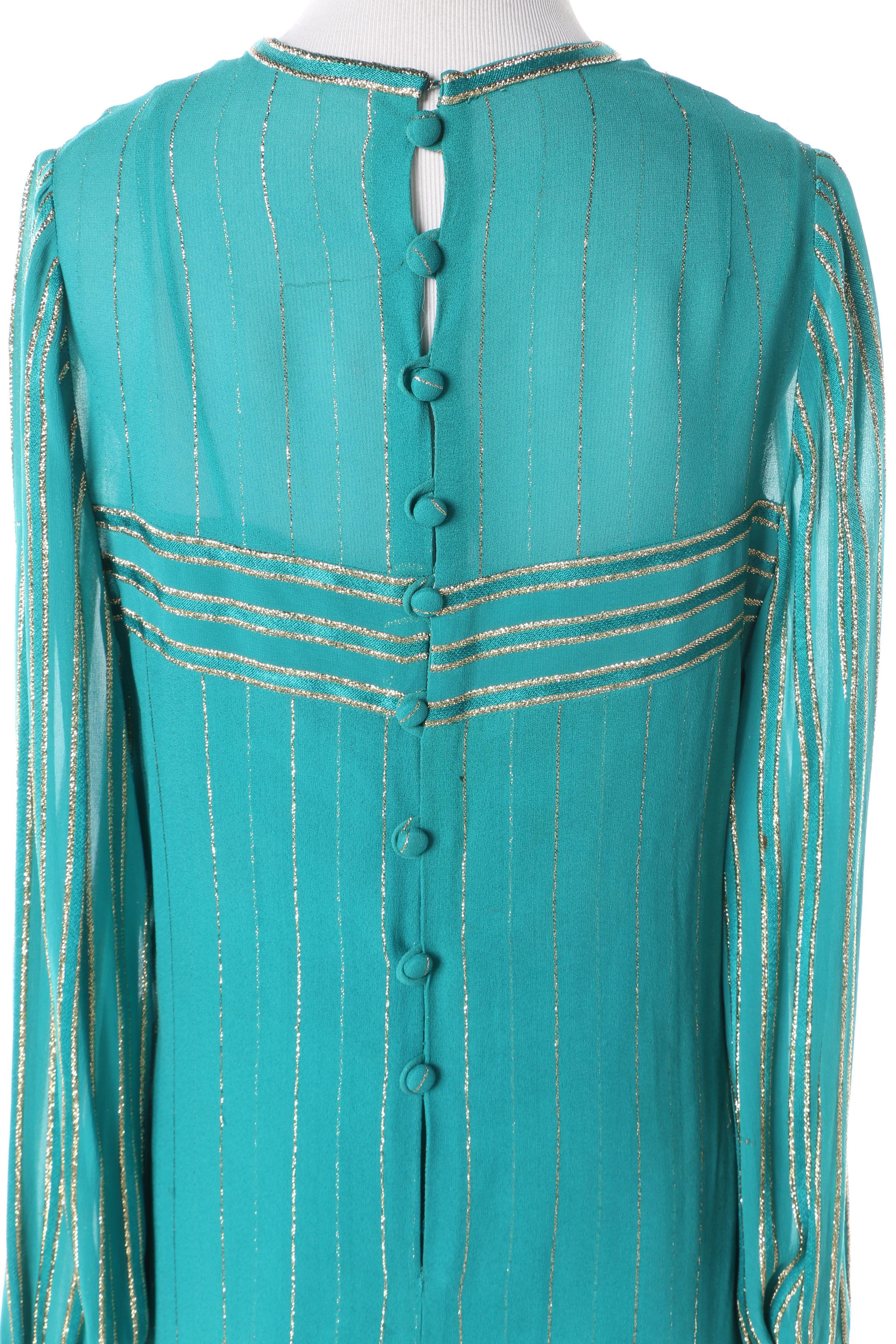 1970s Mignon French Silk Turquoise and Gold Pants, Top and Blouse Ensemble