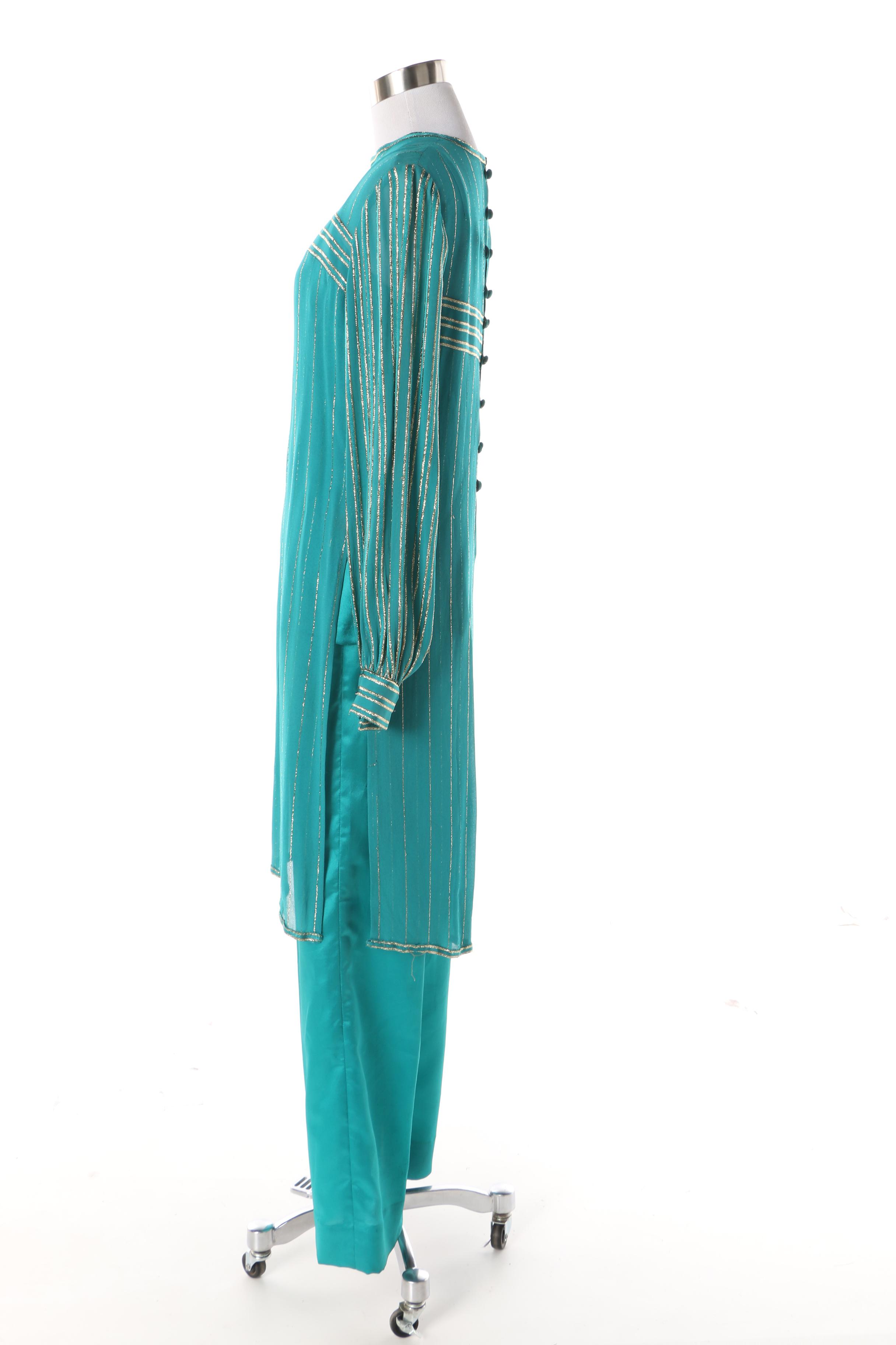 1970s Mignon French Silk Turquoise and Gold Pants, Top and Blouse Ensemble