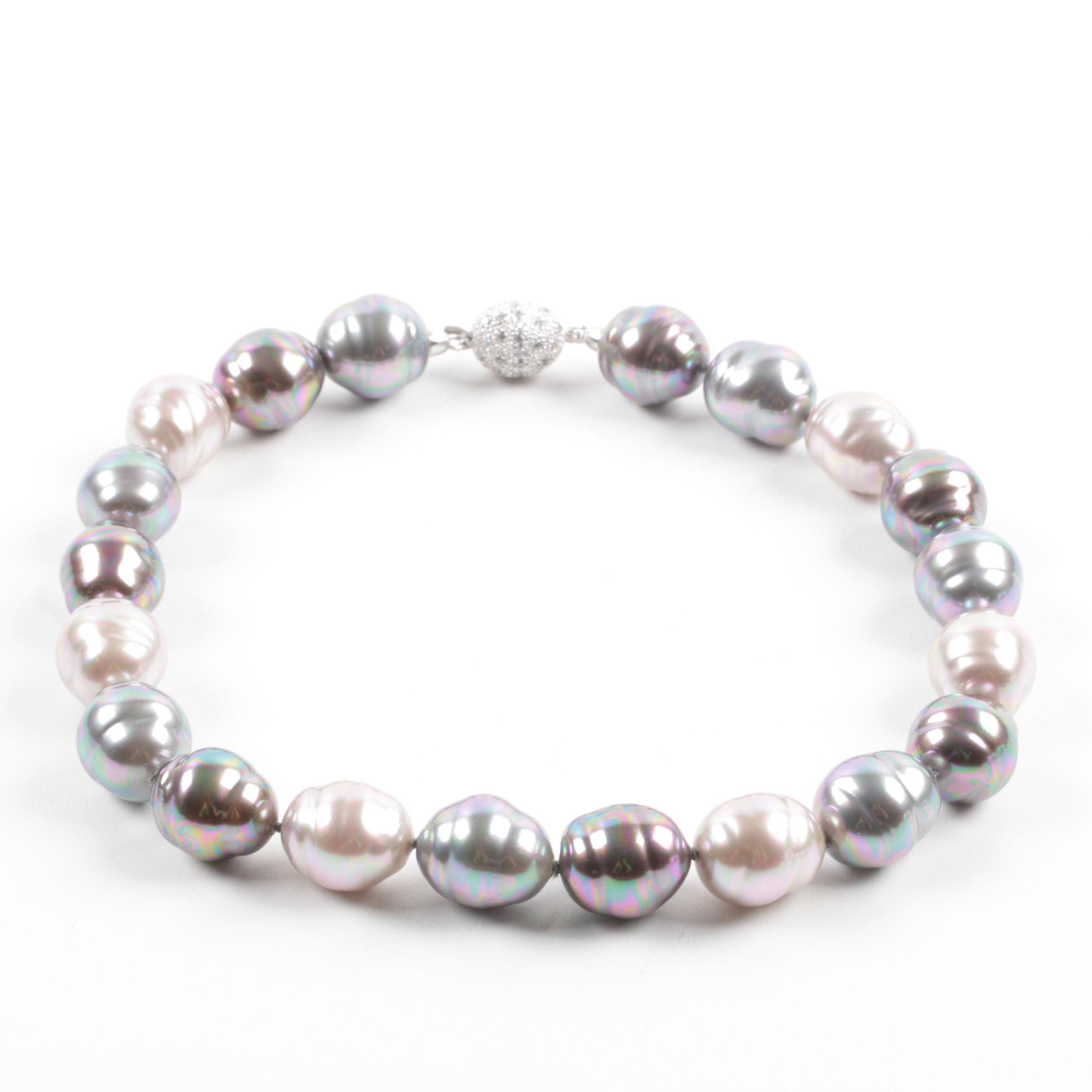 Sterling Silver Imitation Pearls and Glass Crystal Statement Necklace