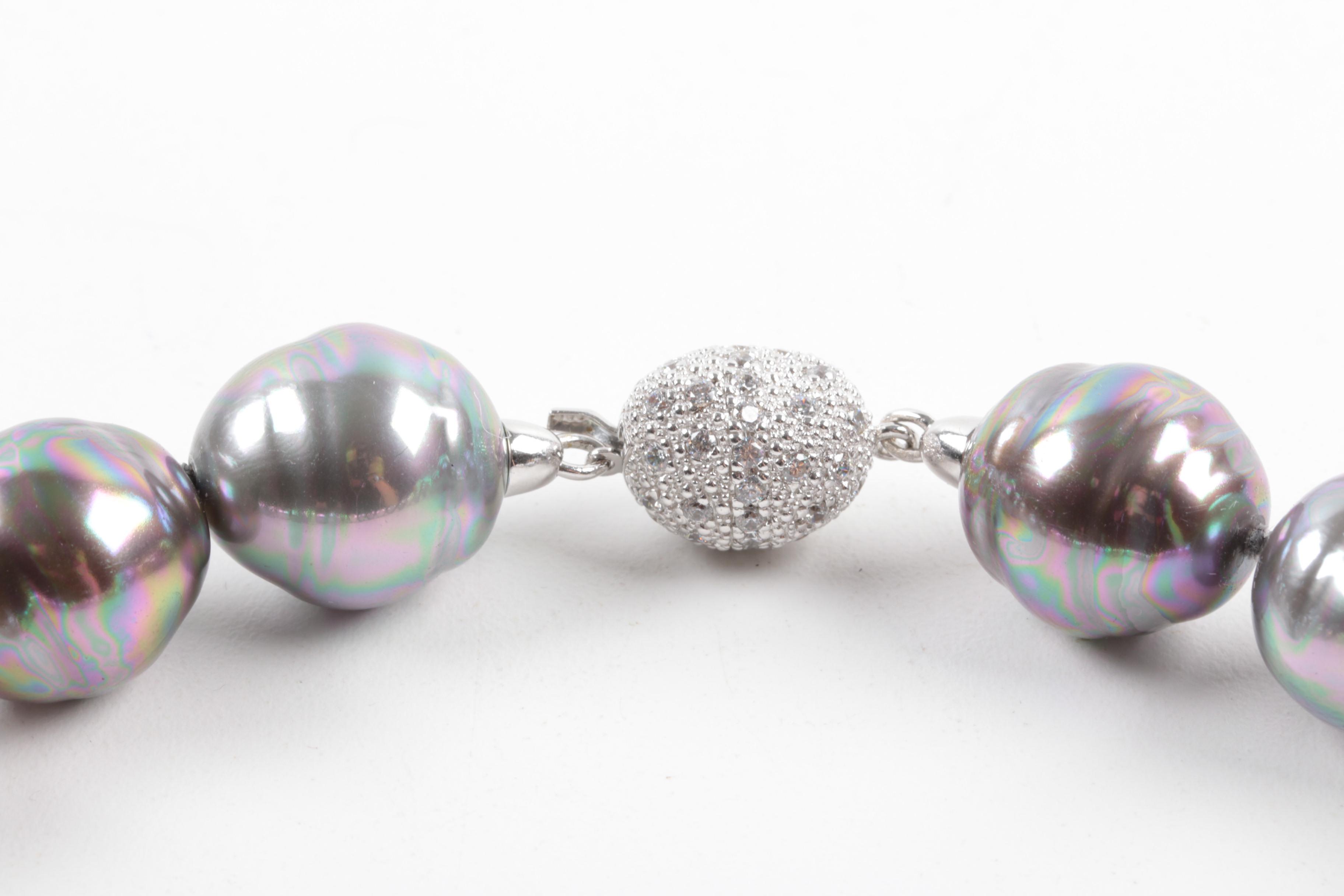 Sterling Silver Imitation Pearls and Glass Crystal Statement Necklace