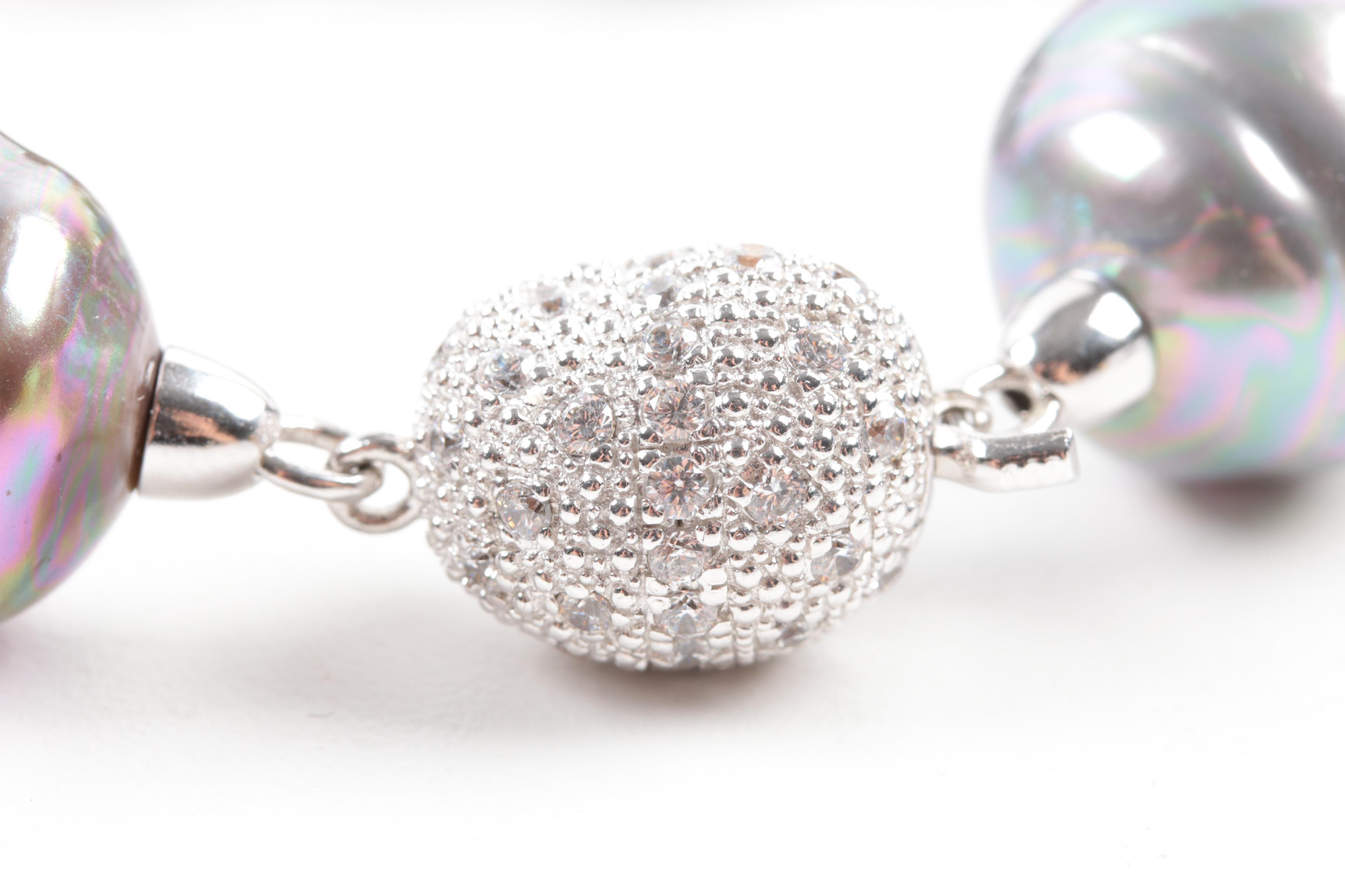 Sterling Silver Imitation Pearls and Glass Crystal Statement Necklace