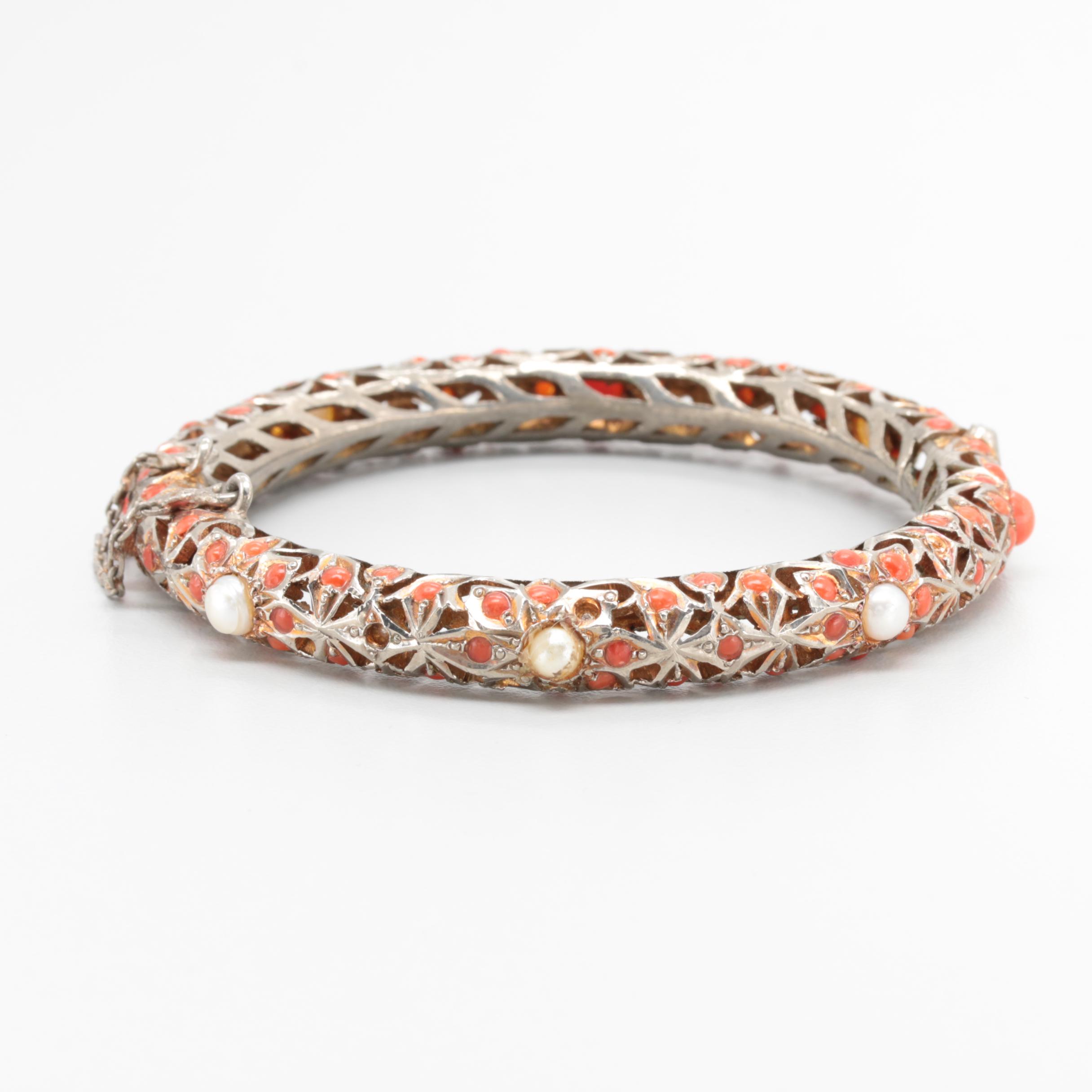 Vintage Cultured Pearl and Dyed Coral Hinged Bangle Bracelet