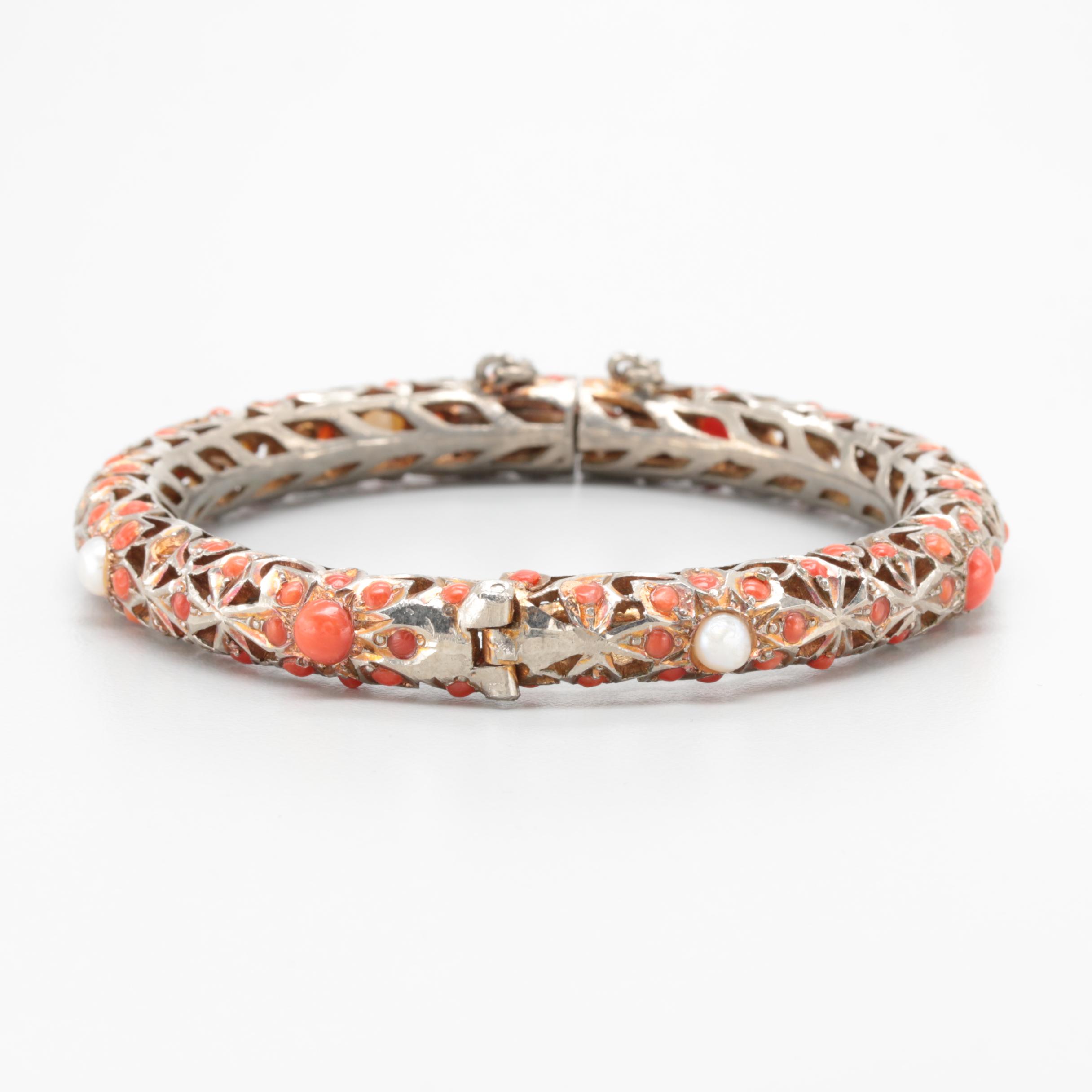 Vintage Cultured Pearl and Dyed Coral Hinged Bangle Bracelet