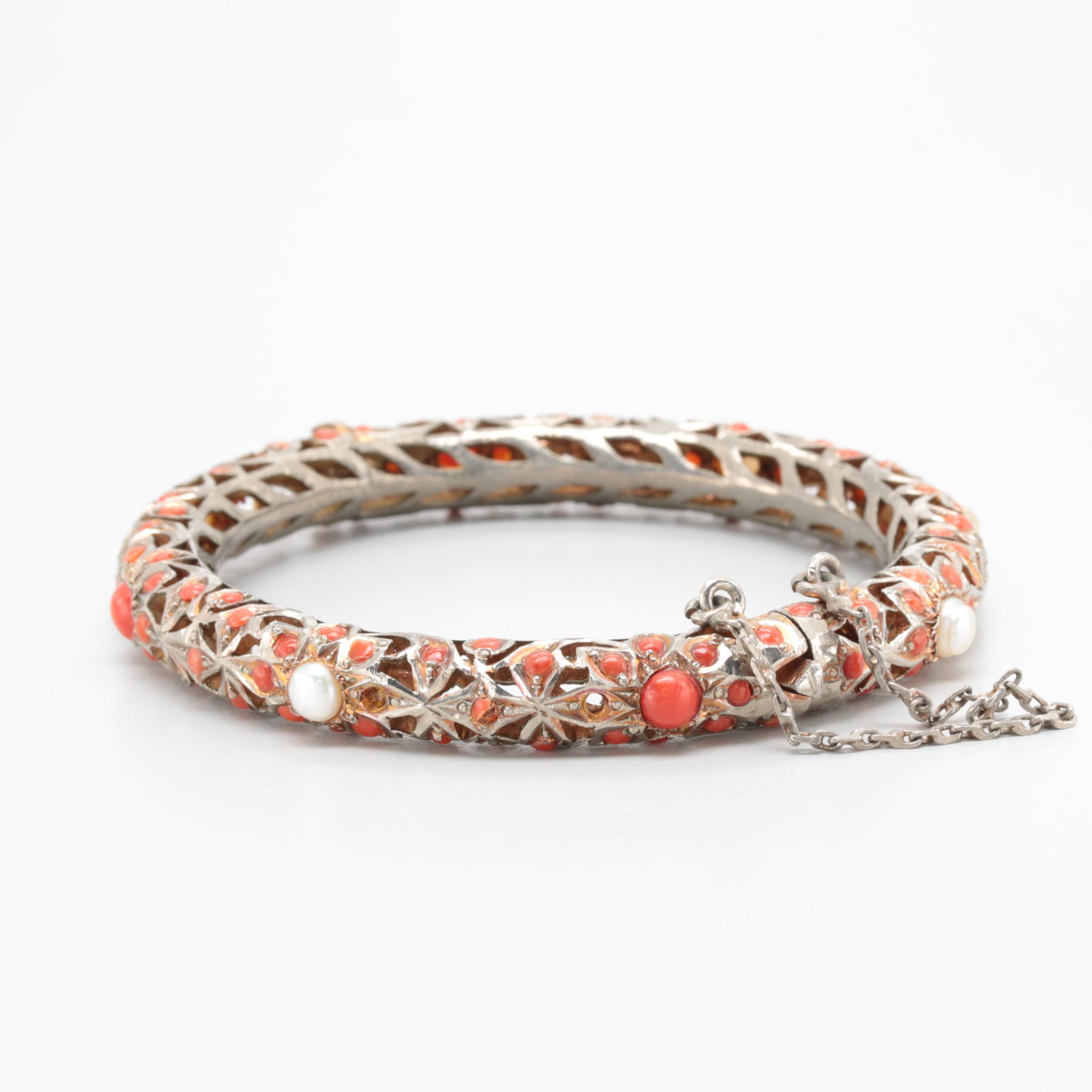 Vintage Cultured Pearl and Dyed Coral Hinged Bangle Bracelet
