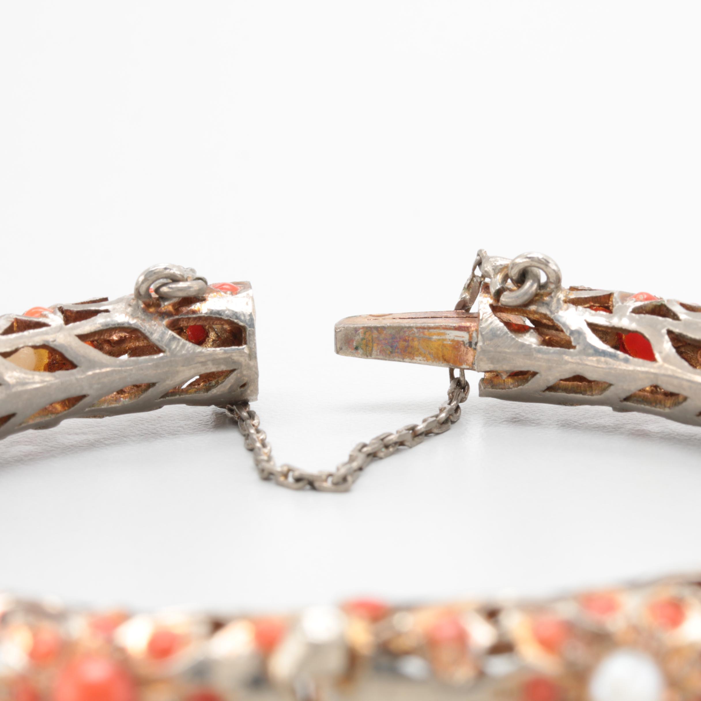 Vintage Cultured Pearl and Dyed Coral Hinged Bangle Bracelet